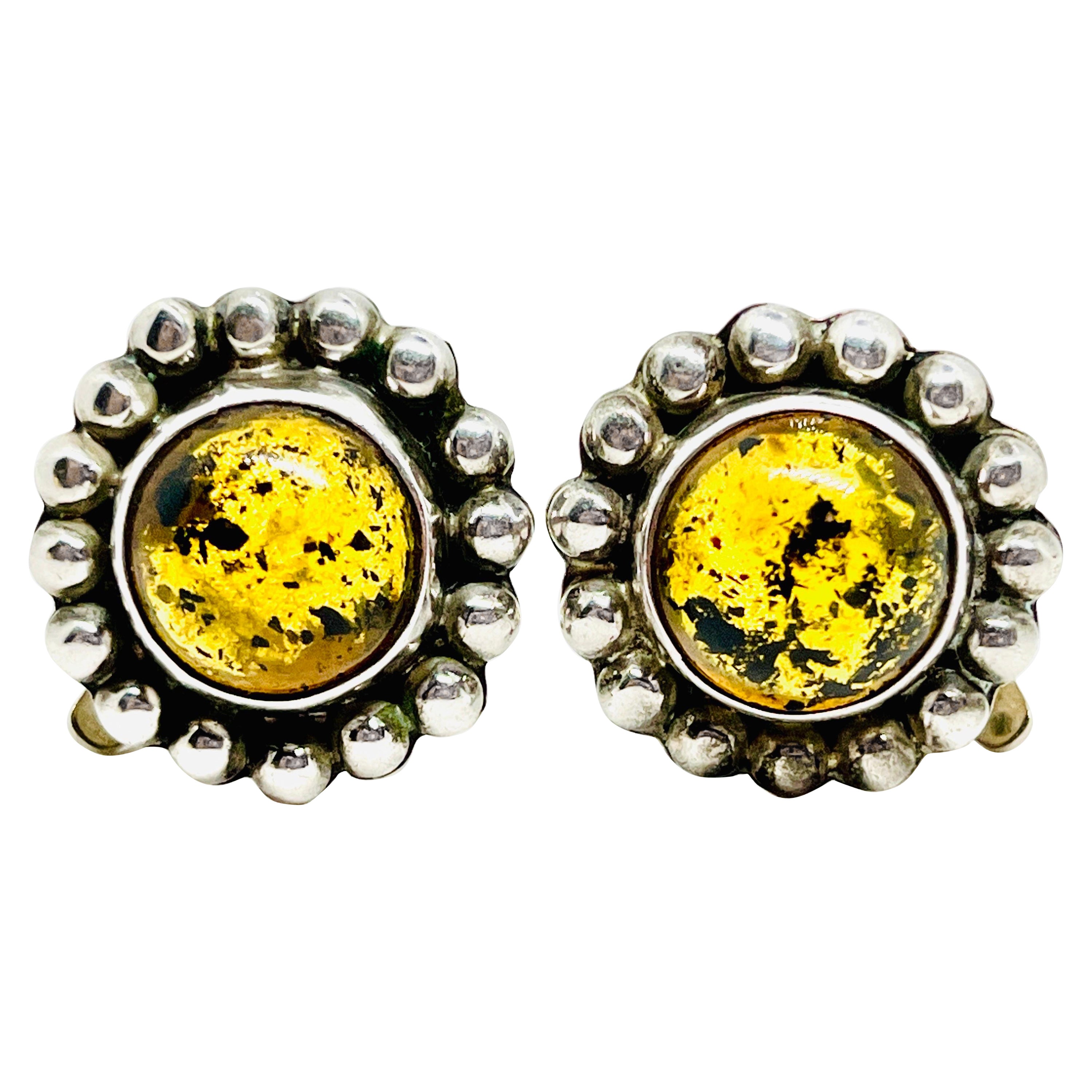 Boucles d'oreilles Clips en argent de Taxco, Chiapas, ambre jaune cabochon, marqué
