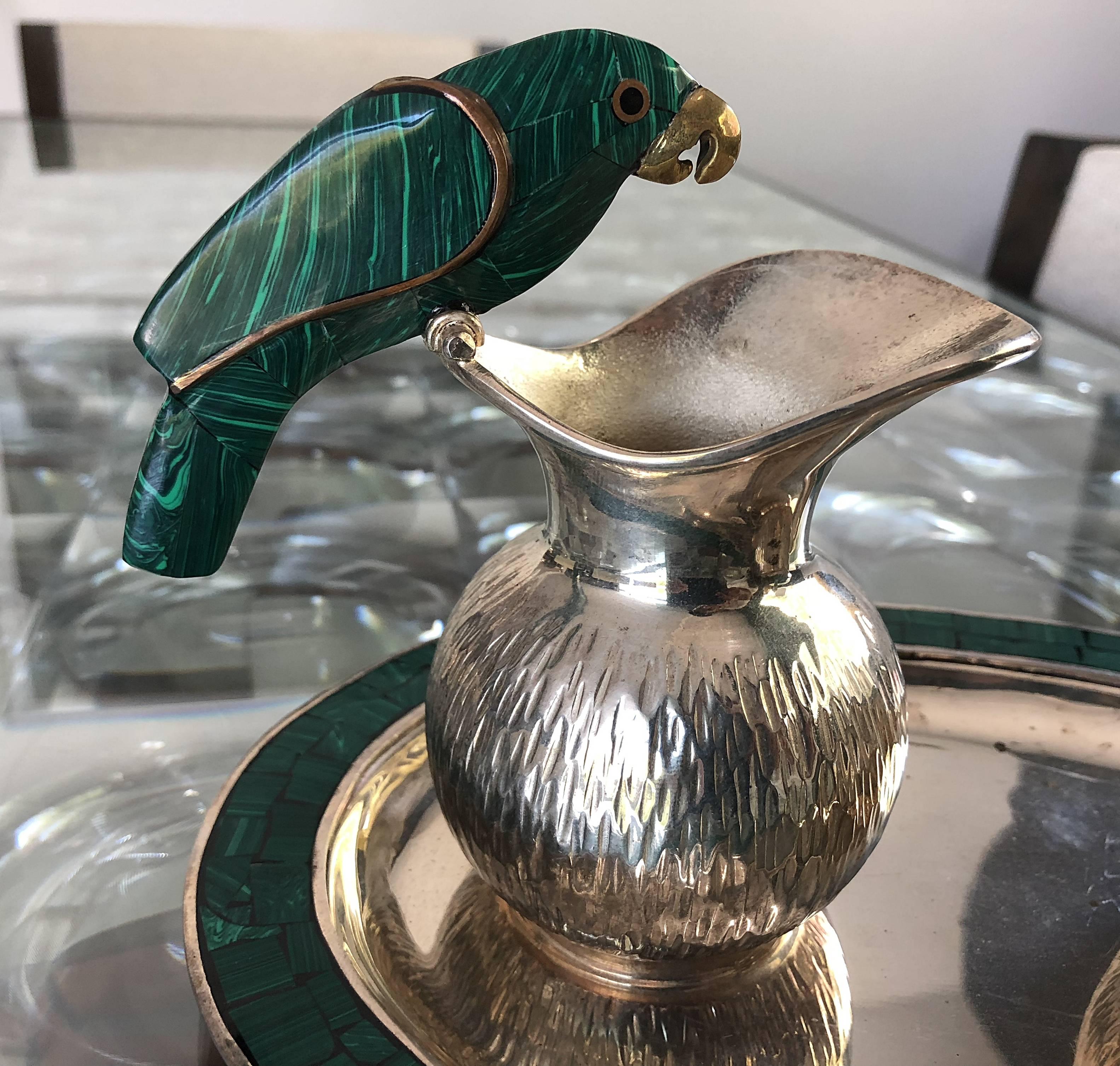 Mid-Century Modern Taxco Silver, Malachite and Brass Creamer, Sugar Caddie and Tray, Los Fajardo