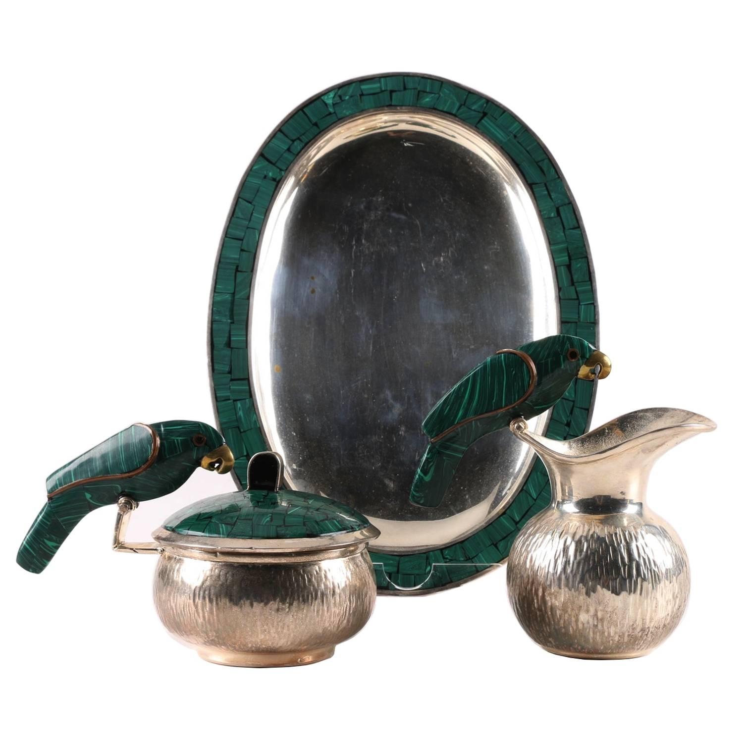 Taxco Silver, Malachite and Brass Creamer, Sugar Caddie and Tray, Los Fajardo