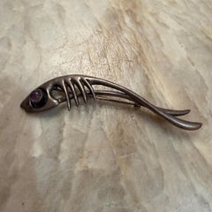 Taxco Sterling Silver Abstract Fish Pin Amethyst Stone Eye Sigi Pineda