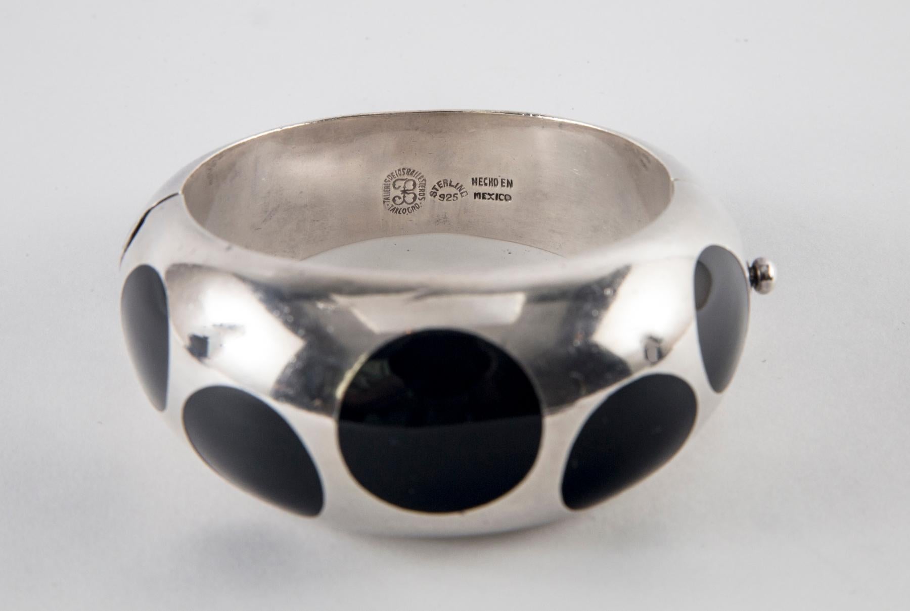 Women's or Men's Taxco Sterling Silver and Black Bakelite Polka Dot Bracelet