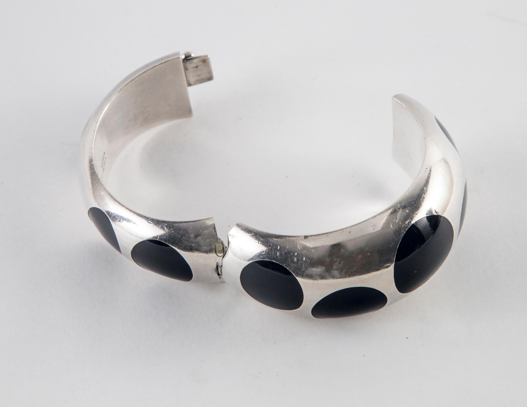 Taxco Sterling Silver and Black Bakelite Polka Dot Bracelet 1