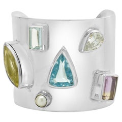 Taxco Sterling Silver Bezel Set Multi Gemstone Cuff Bracelet