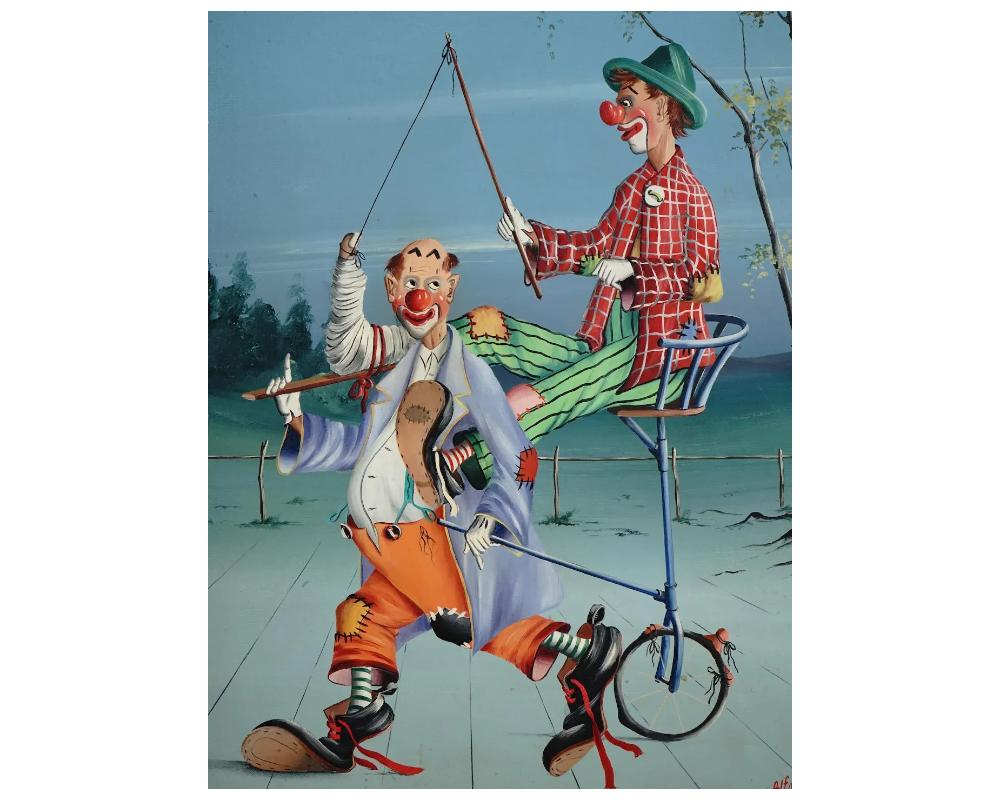 Italian Taxi Surrealist Painting Clowns Signed Alfano Dardari For Sale