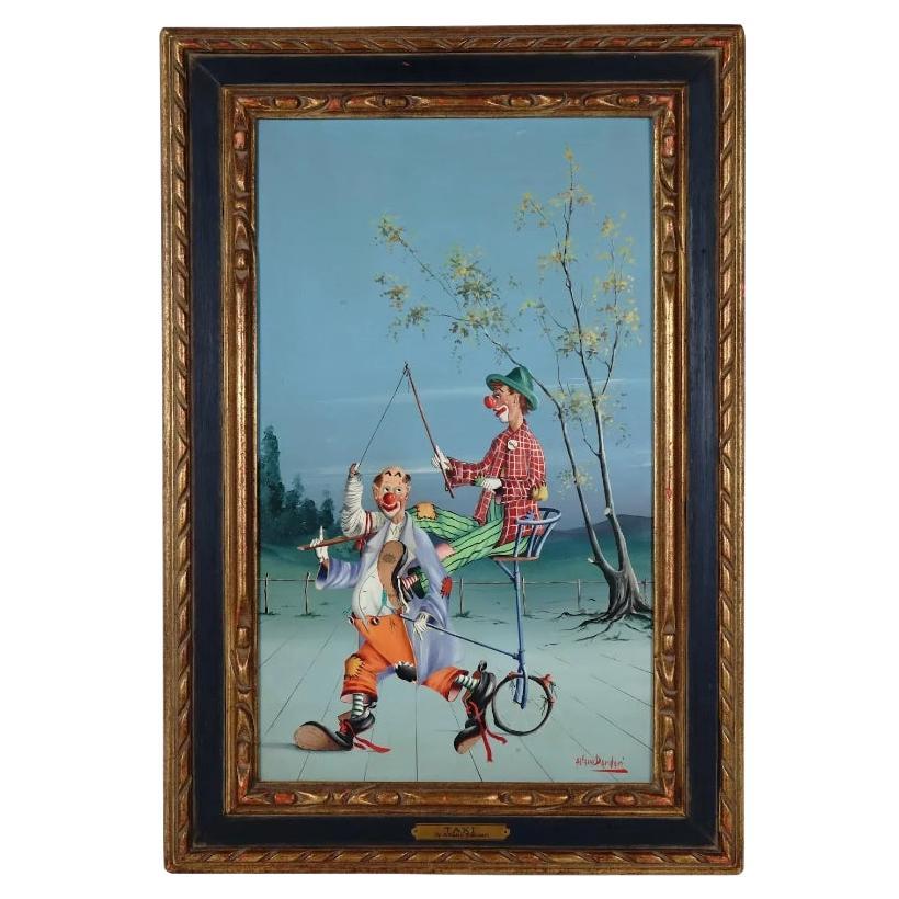 Taxi Surrealist Painting Clowns Signed Alfano Dardari For Sale