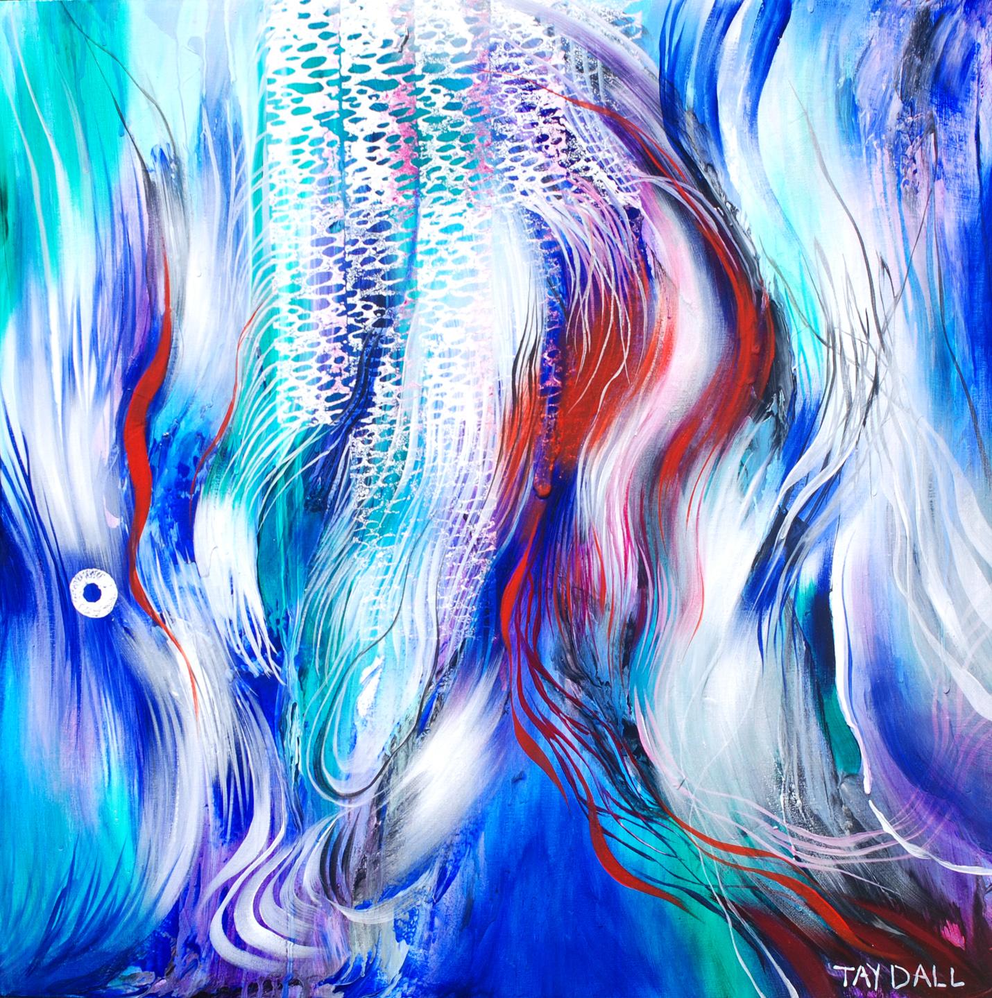 Peinture à l'huile abstraite bleu tourterelle et rouge pourpre