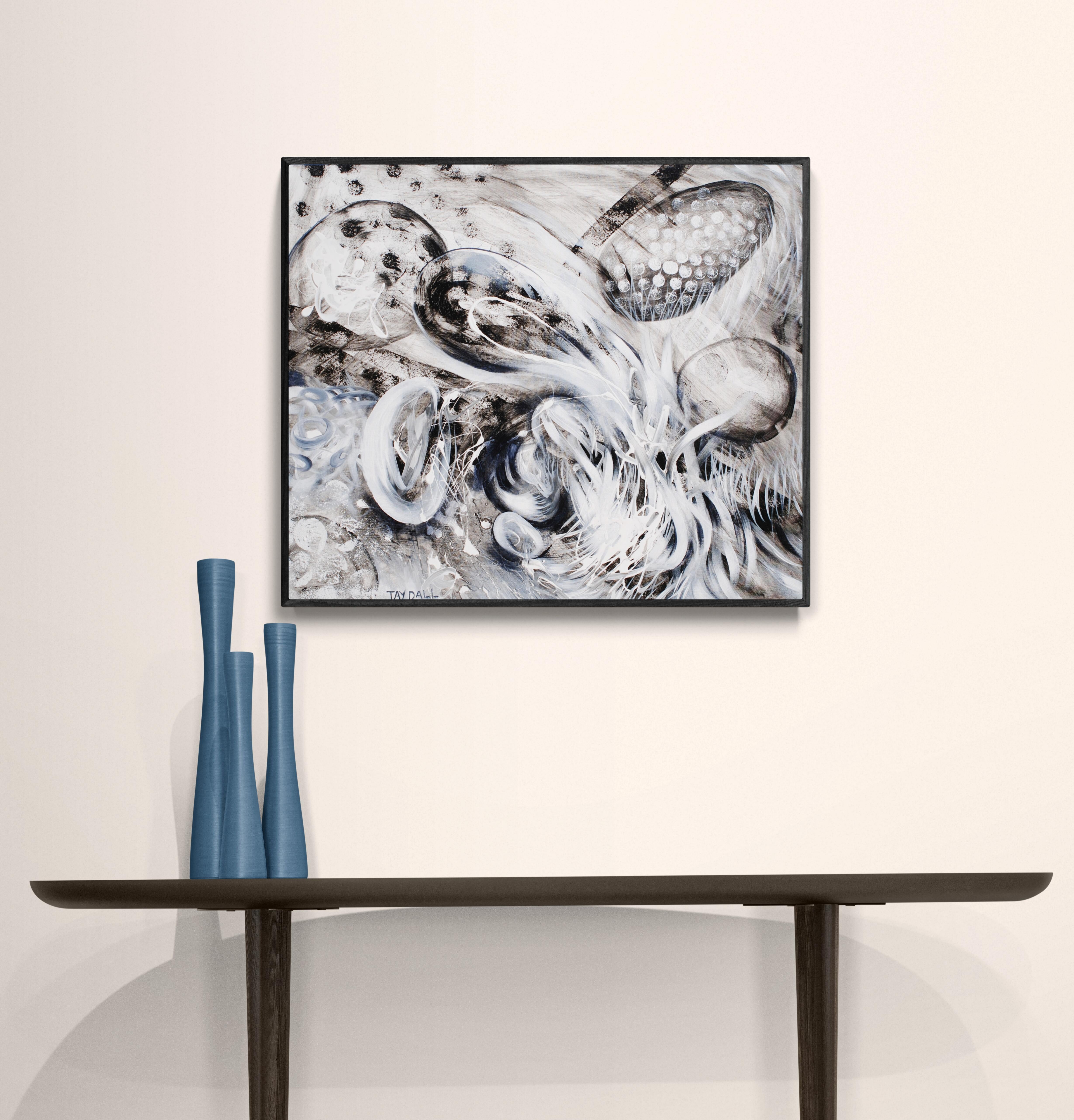 Abstraktes Schwarz-Weiß-Ölgemälde „Nest“ – Painting von Tay Dall