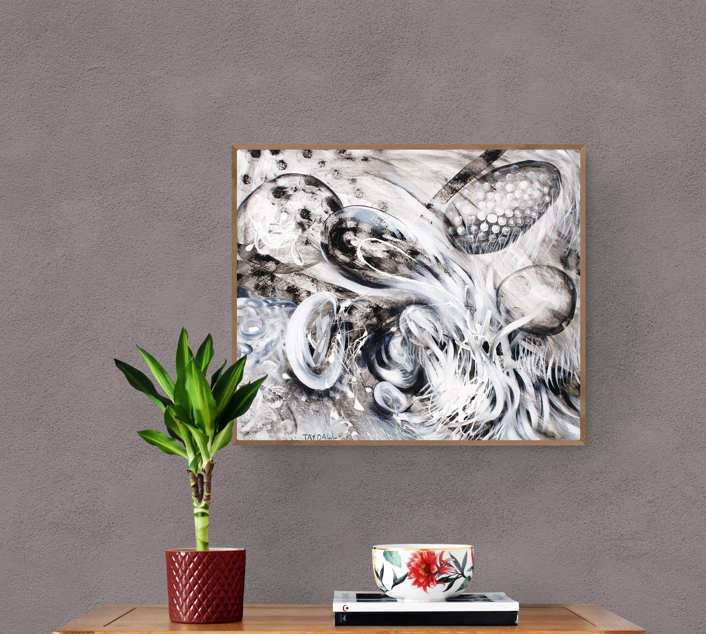 A unique and vivid black and white abstract oil painting on canvas. Framing on request.