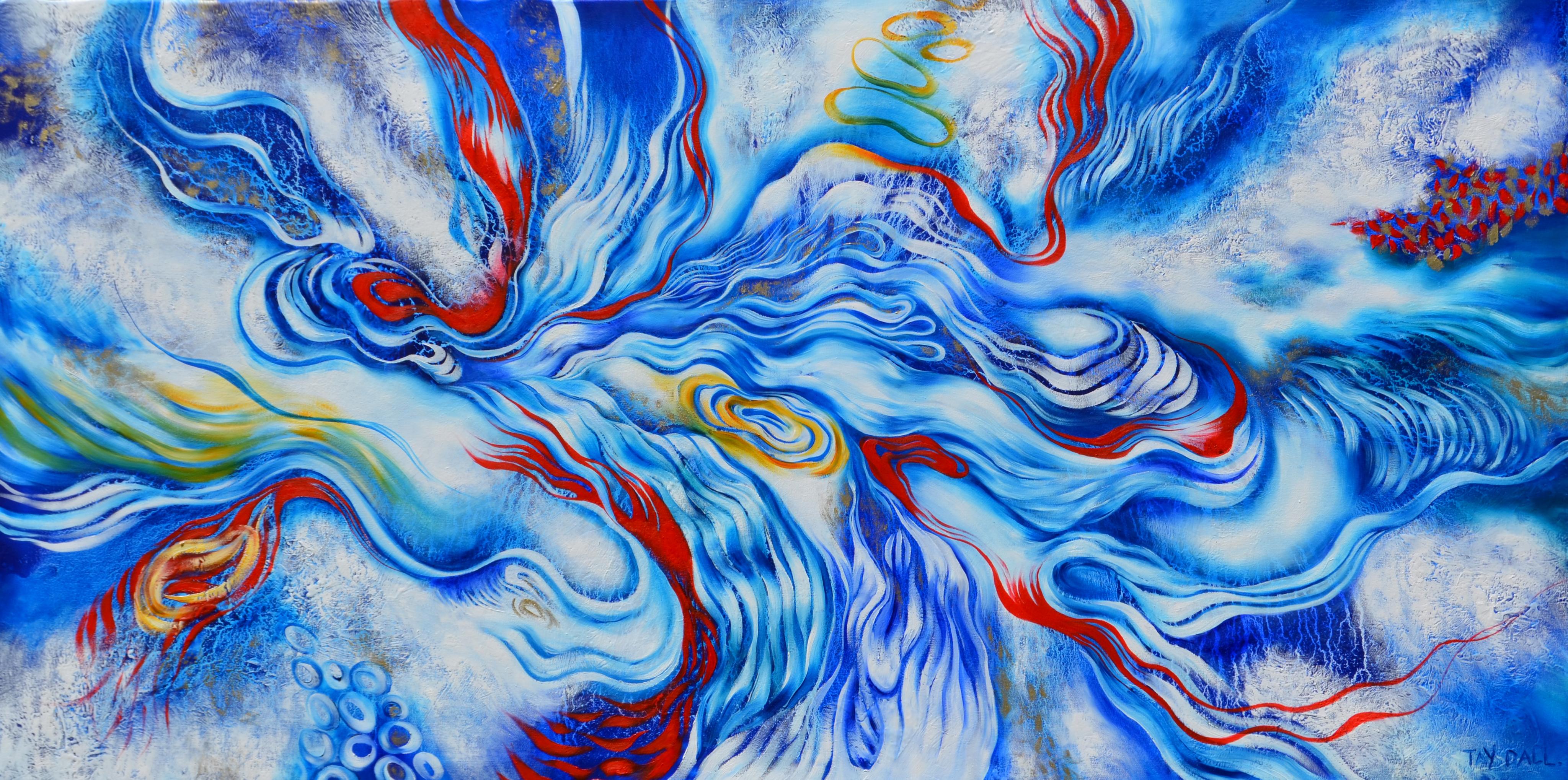 Abstract Painting Tay Dall - Peinture à l'huile abstraite bleue « River Flow Anew 2 » (Fleure d'un nouveau rivage)