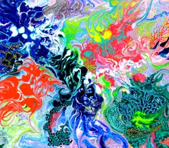 Abstraktes, farbenfrohes, detailliertes, gegossenes Emaille-Gemälde „Unique Cosmos Beneath“
