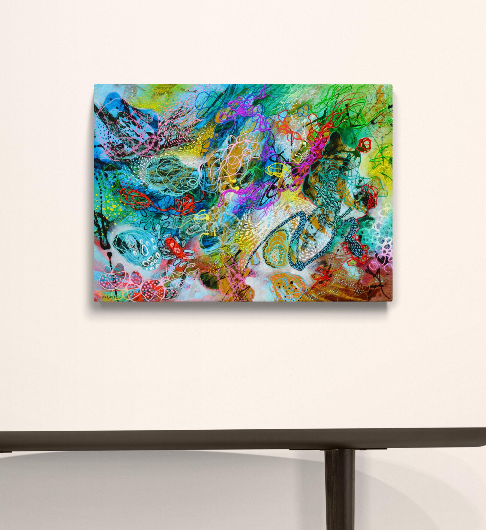 Abstraktes, farbenfrohes, detailliertes Gemälde aus gegossener Emaille und Öl „Cosmos Beneath“ (Zeitgenössisch), Painting, von Tay Dall
