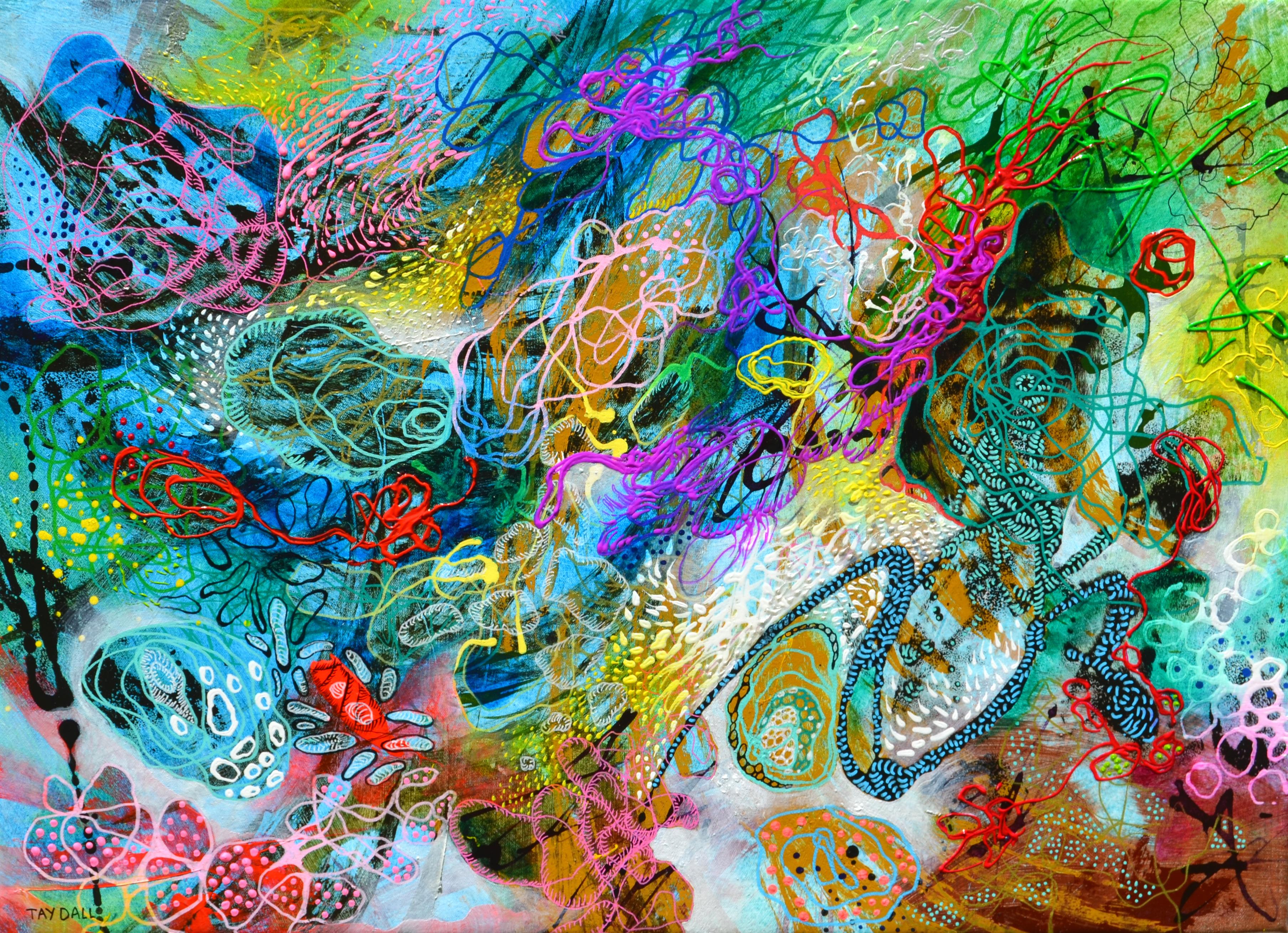 Abstraktes, farbenfrohes, detailliertes Gemälde aus gegossener Emaille und Öl „Cosmos Beneath“