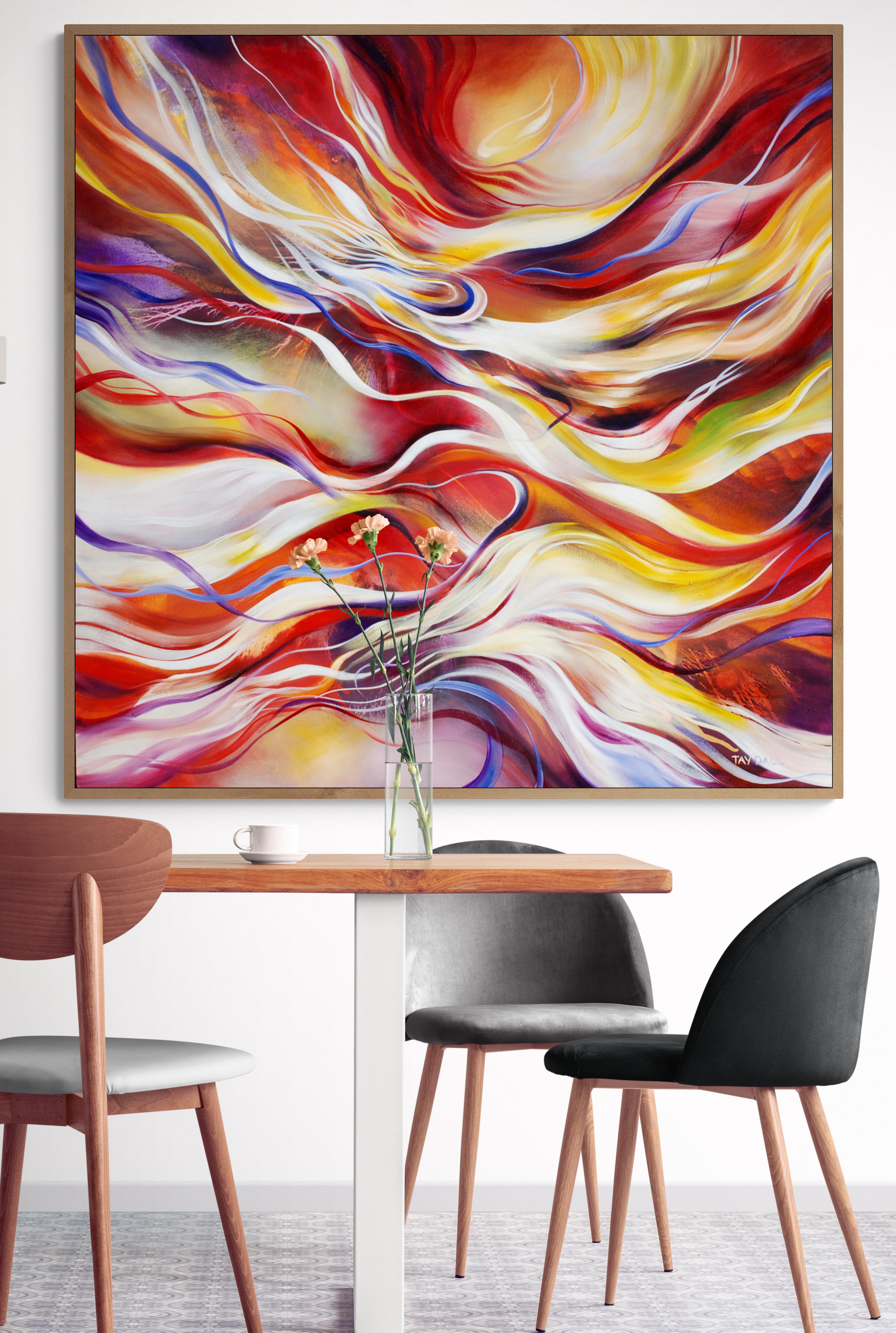 A colourful, unique and vivid surreal oil painting of flowing streamer elements in reds and oranges on stretched canvas. Ready to hang. Framing on request.