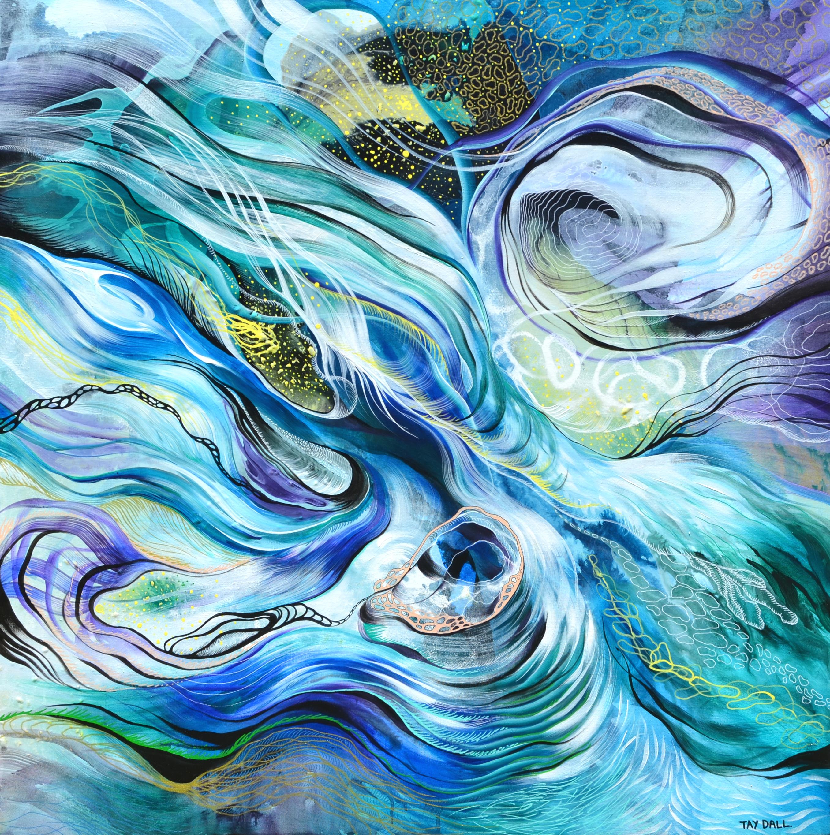 Blaues abstraktes Ölgemälde „Small Synthesis 1“ mit Details