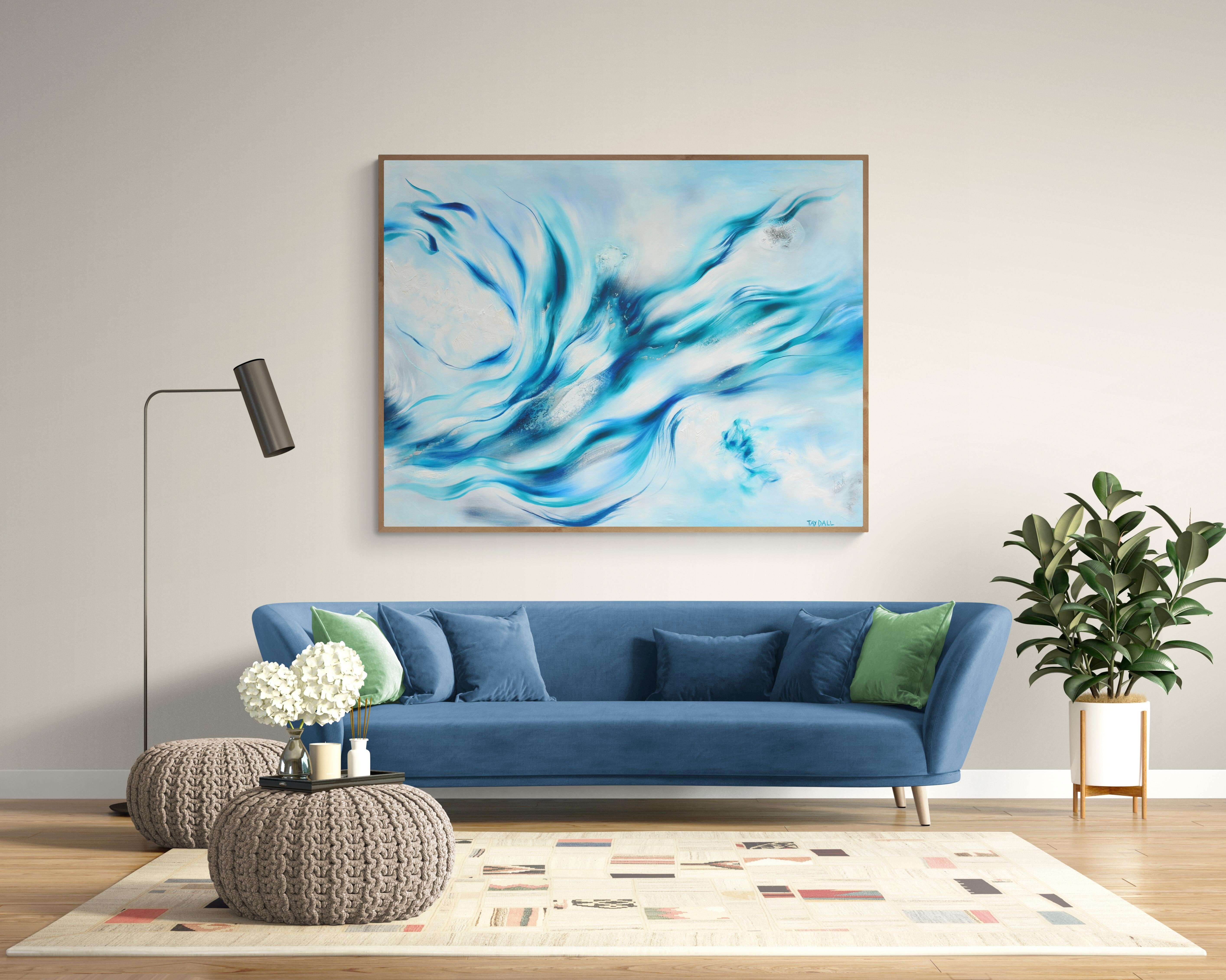 Großes blaues abstraktes Ölgemälde „Recovering the Satellites“ – Painting von Tay Dall