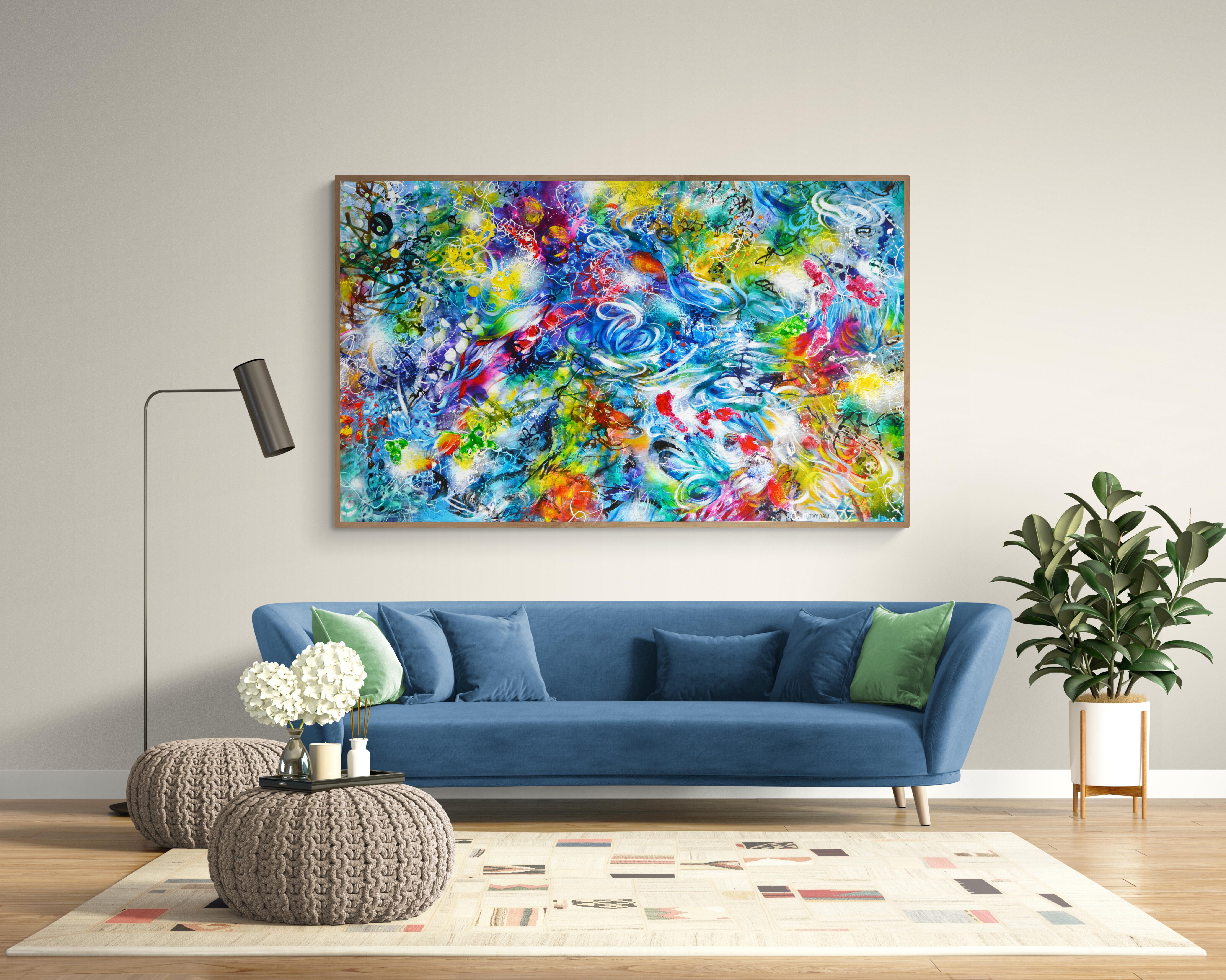 An large colourful, unique and vivid oil and enamel painting on canvas. Framing on request.