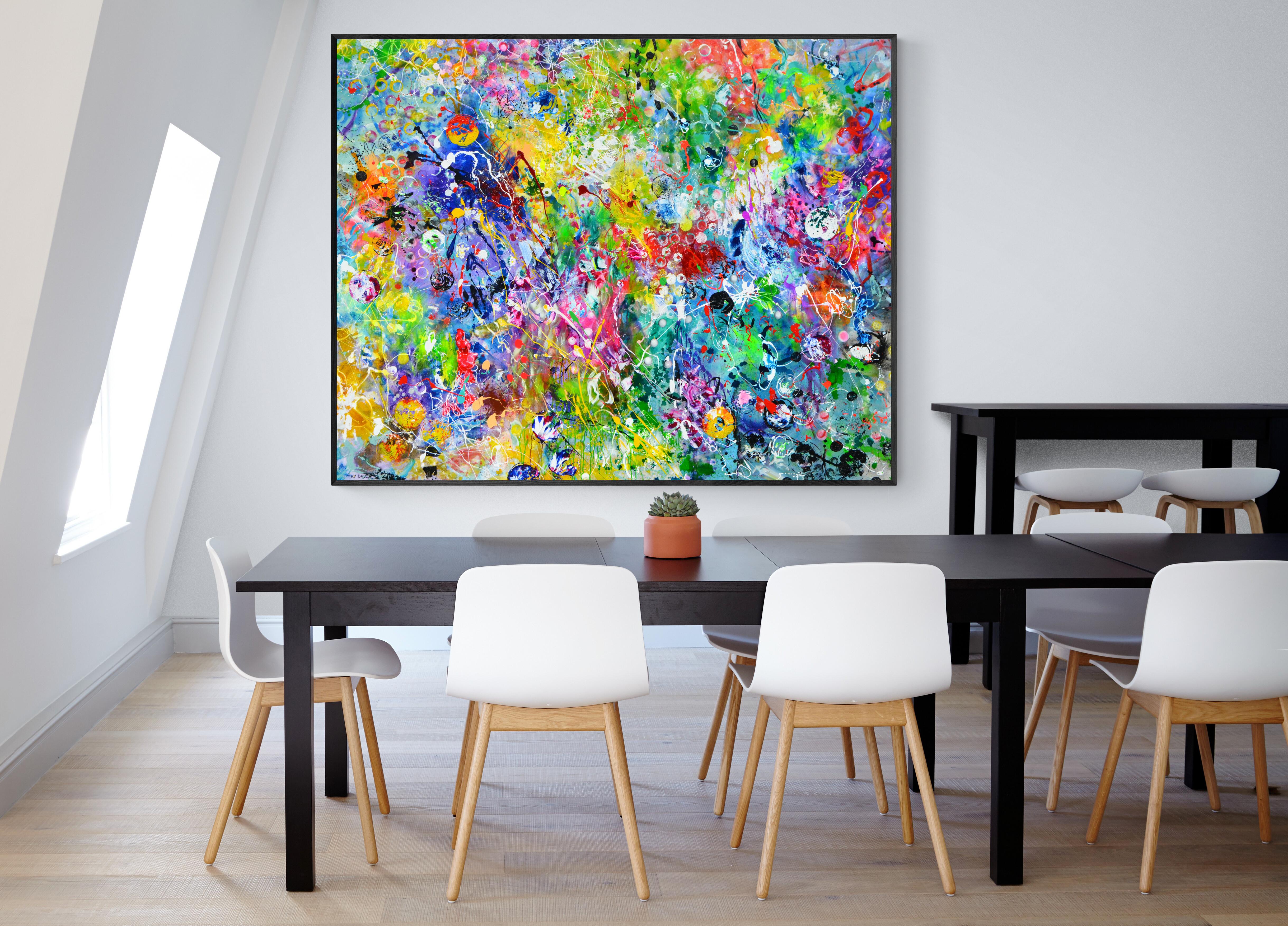 An oversized colourful, unique and vivid oil and enamel painting on canvas. Framing on request.