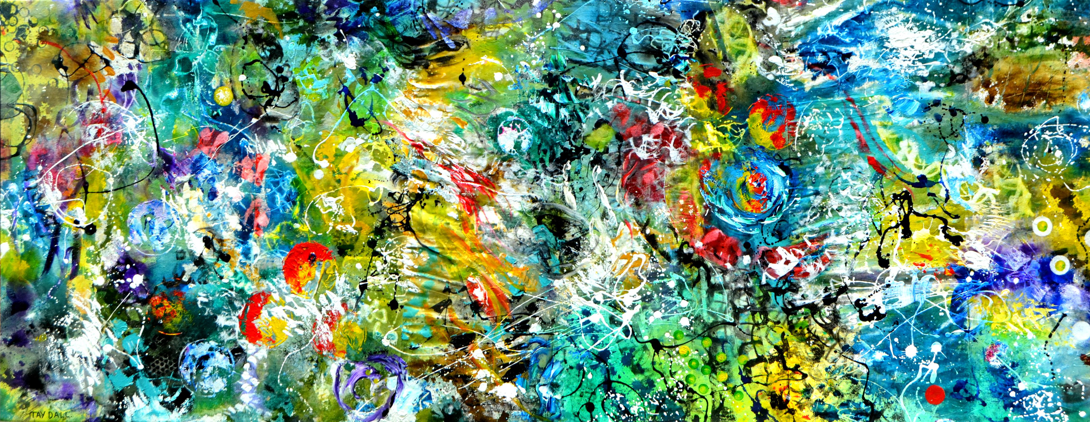 Großes farbenfrohes abstraktes Gemälde „Studio-Stehwerke – Entdeckende Mondtropfen“