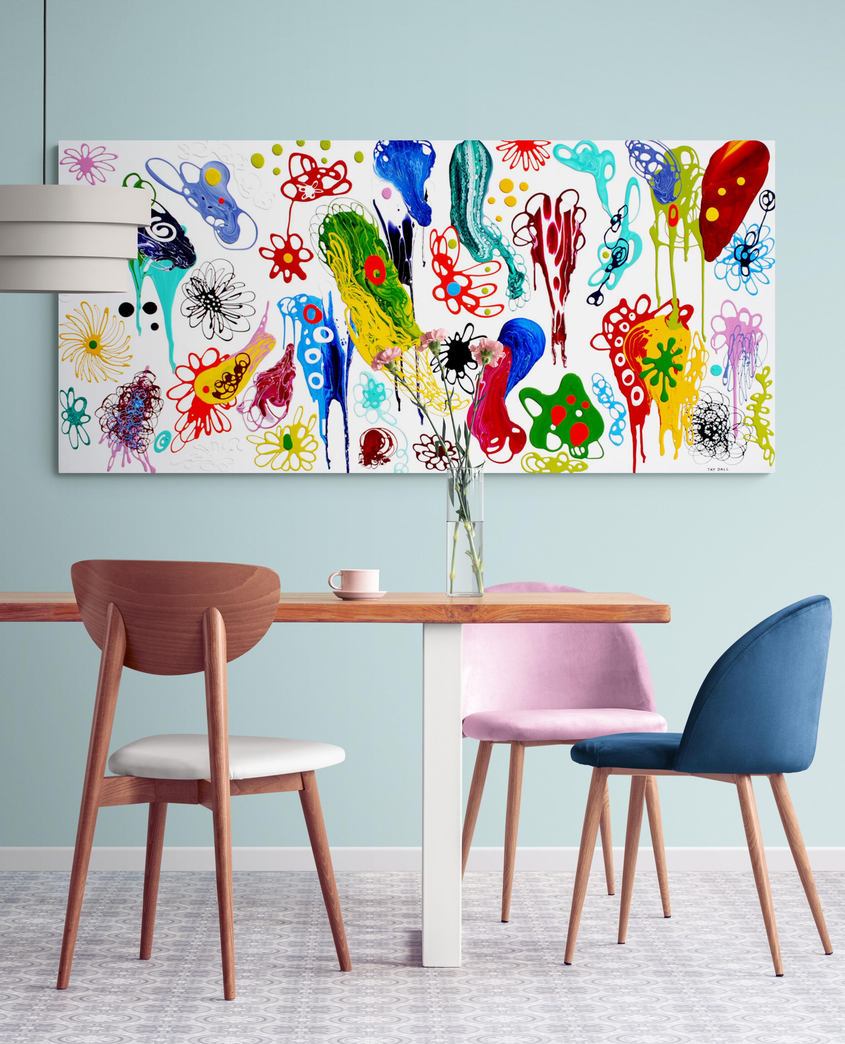 A vibrant and colourful, unique painting on stretched canvas, ready to hang. 
The painting consists of shiny pools of enamel paint that was thickly poured onto the canvas to create a three-dimensional effect of stand-out glossy paint shapes on a