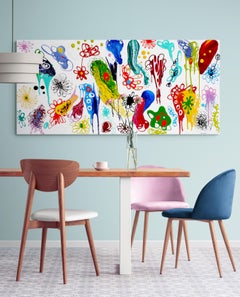 Large Colourful Poured Enamel Abstract Painting "Atom Shimmer Over The Top"