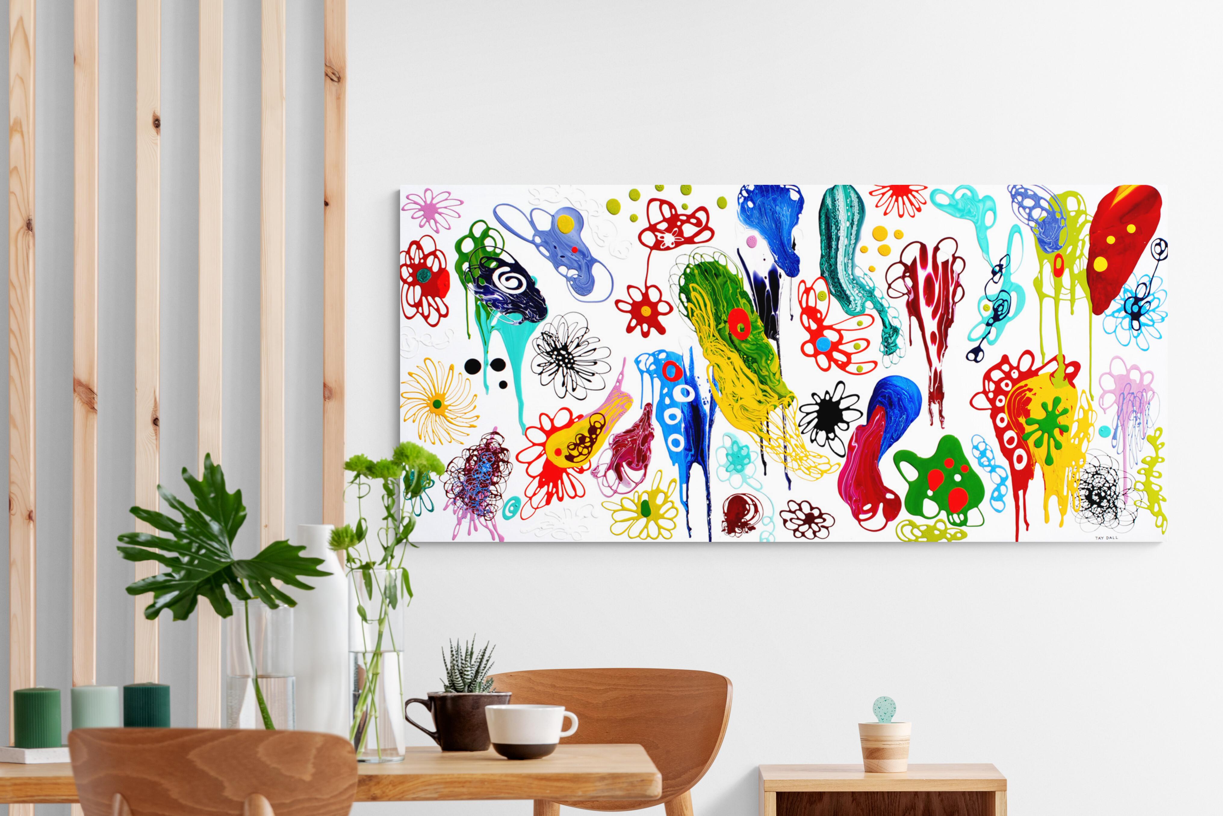 Großes farbenfrohes abstraktes Gemälde aus gegossener Emaille „Atom schimmert über dem Oberteil“ (Zeitgenössisch), Painting, von Tay Dall
