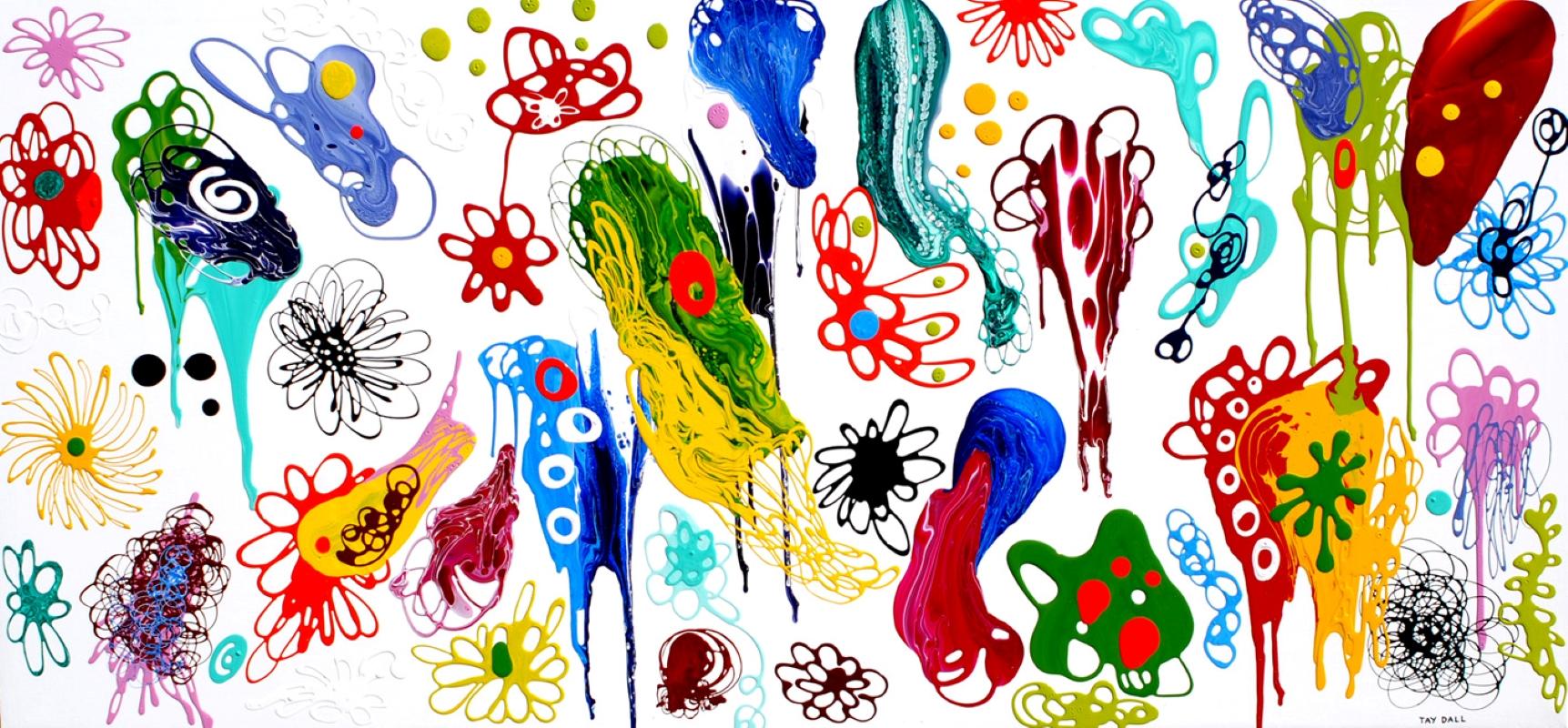 Großes farbenfrohes abstraktes Gemälde aus gegossener Emaille „Atom schimmert über dem Oberteil“