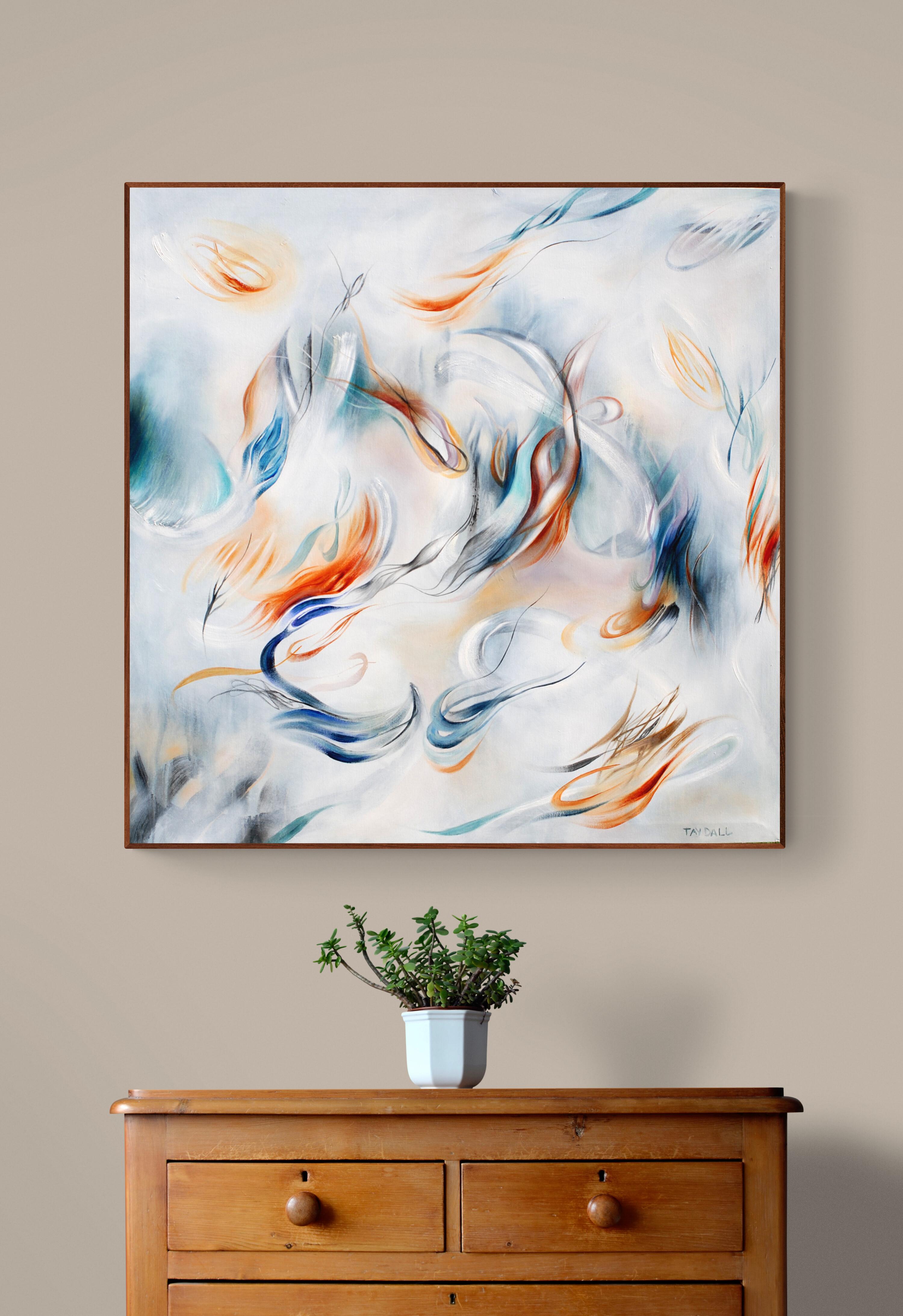 A light, unique and vivid oil painting on stretched canvas, depicting surreal floating streamer elements. Ready to hang. Framing on request.