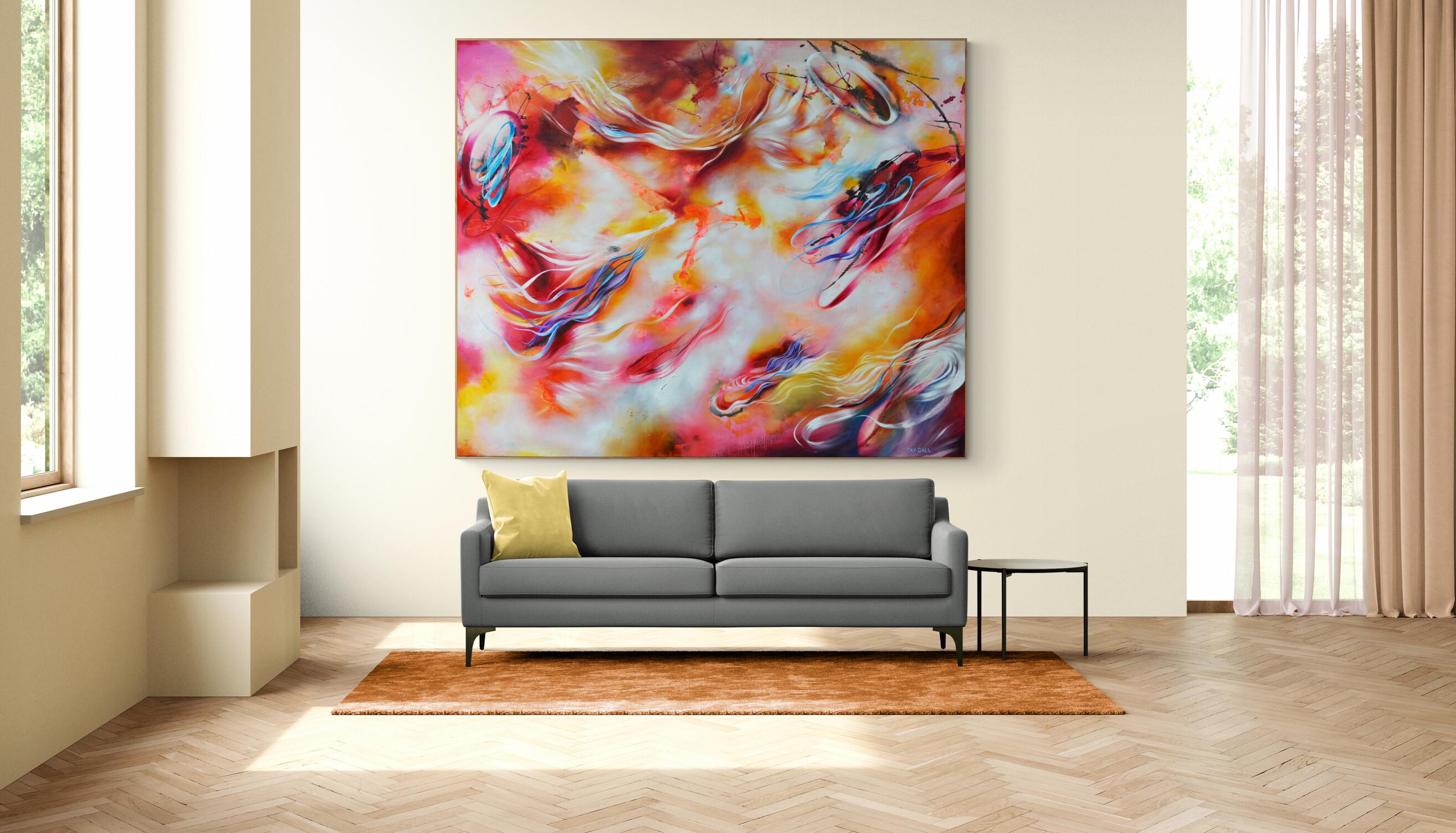An extra large, oversized, unique and vivid oil painting on stretched canvas, with flowy, surreal pink, yellow, and blue/purple shapes. Ready to hang. 
Framing on request.
FREE SHIPPING