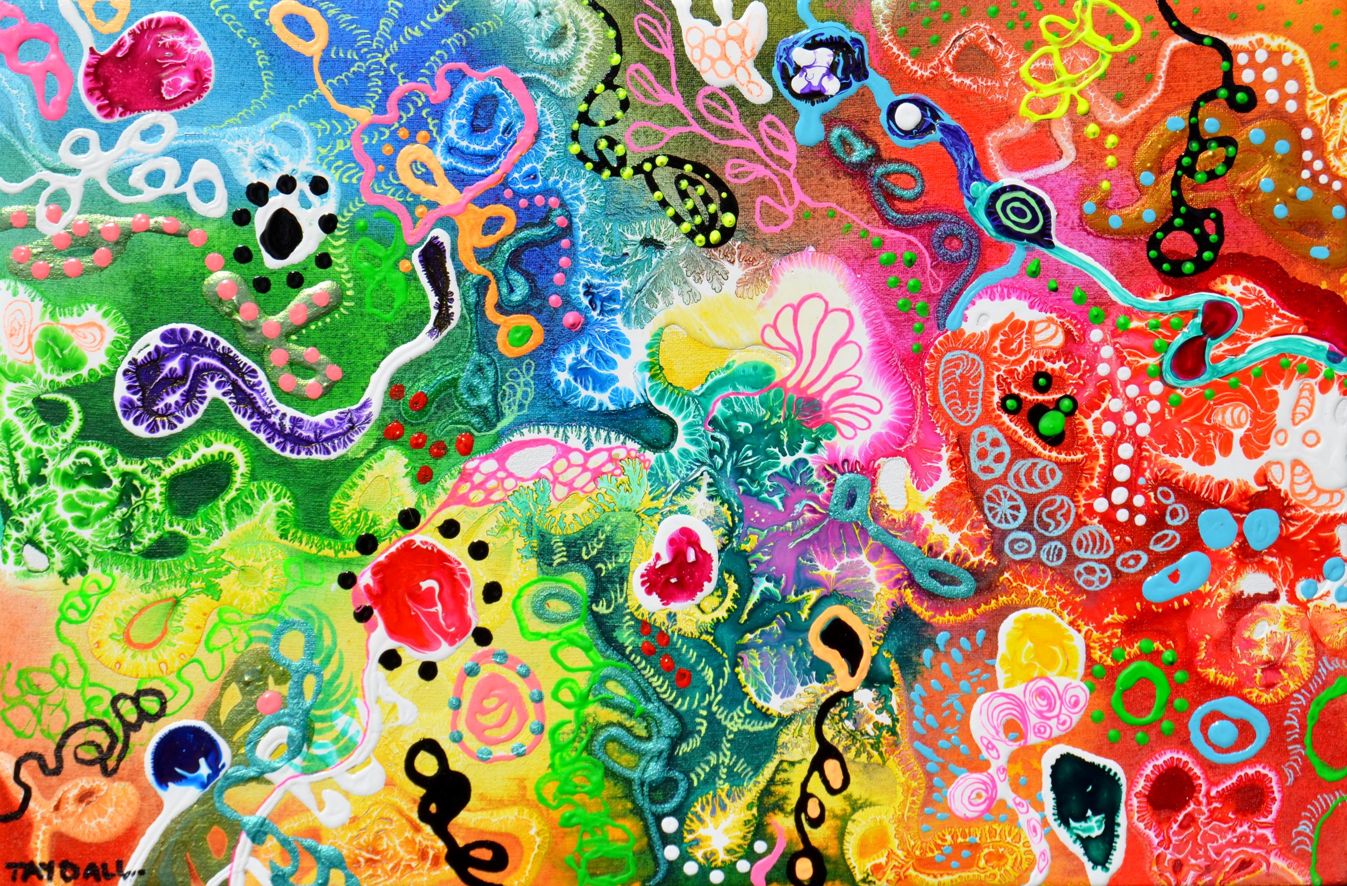 Set von 2 farbenfrohen abstrakten Gemälden „New Small Cosmos 2&4“ (Zeitgenössisch), Painting, von Tay Dall