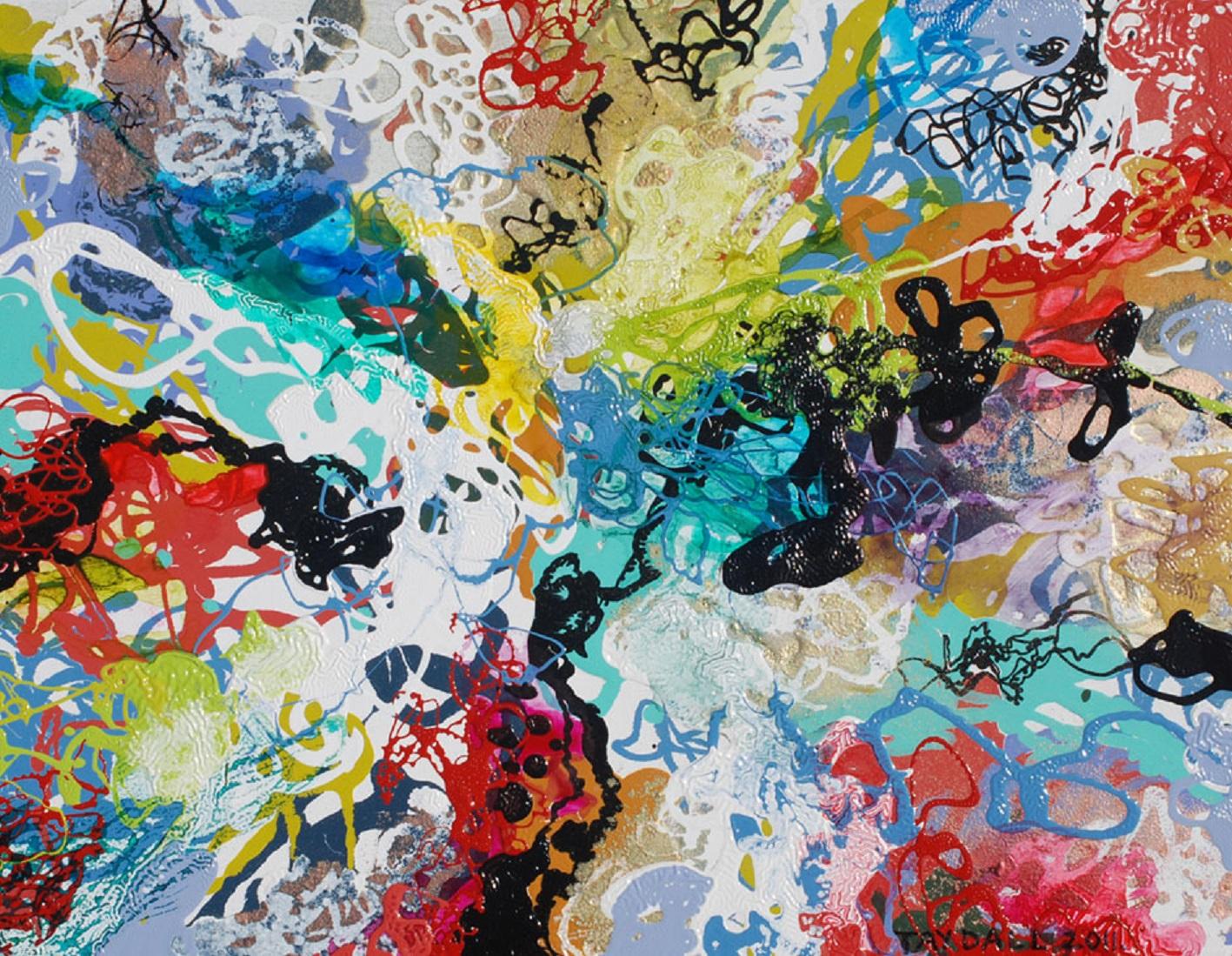 Abstract Painting di Tay Dall - Piccolo dipinto astratto colorato "Atom Shimmer Anew 3
