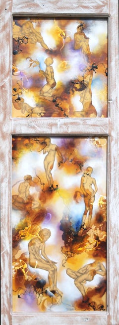 Surreal Nude Oil Painting with Wooden Frame "New Man Alone 2"