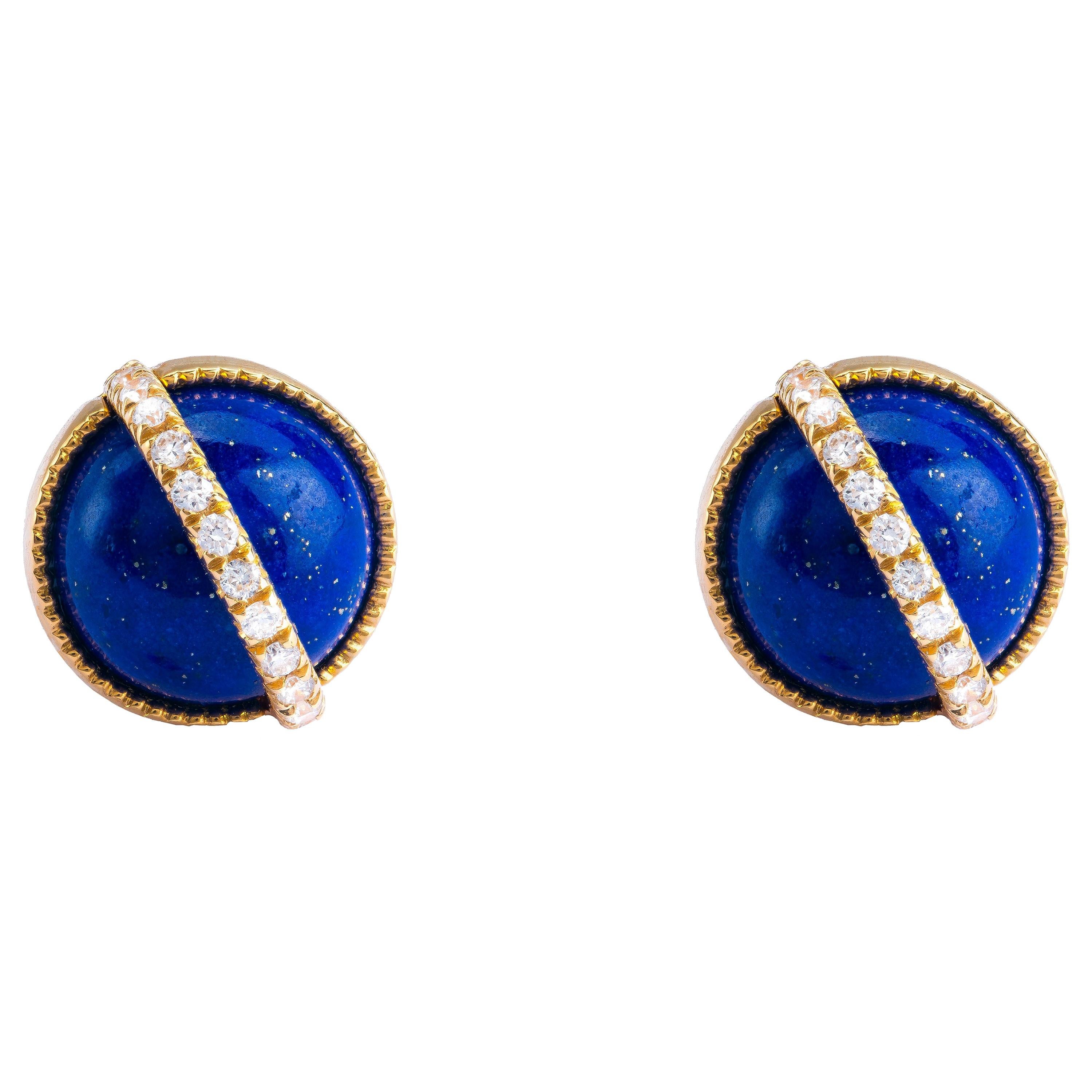 Taygeta Earrings, Lapis Lazuli, White Diamonds, 18 Karat Yellow Gold For Sale