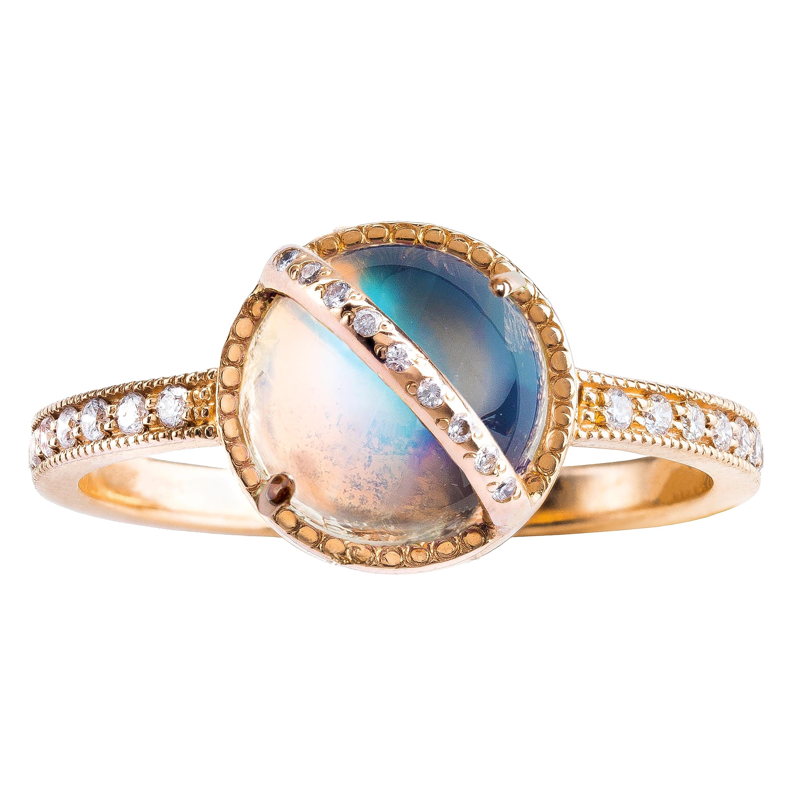 Taygeta Ring, Rainbow Moonstone, White Diamonds, 18 Karat Rose Gold For Sale