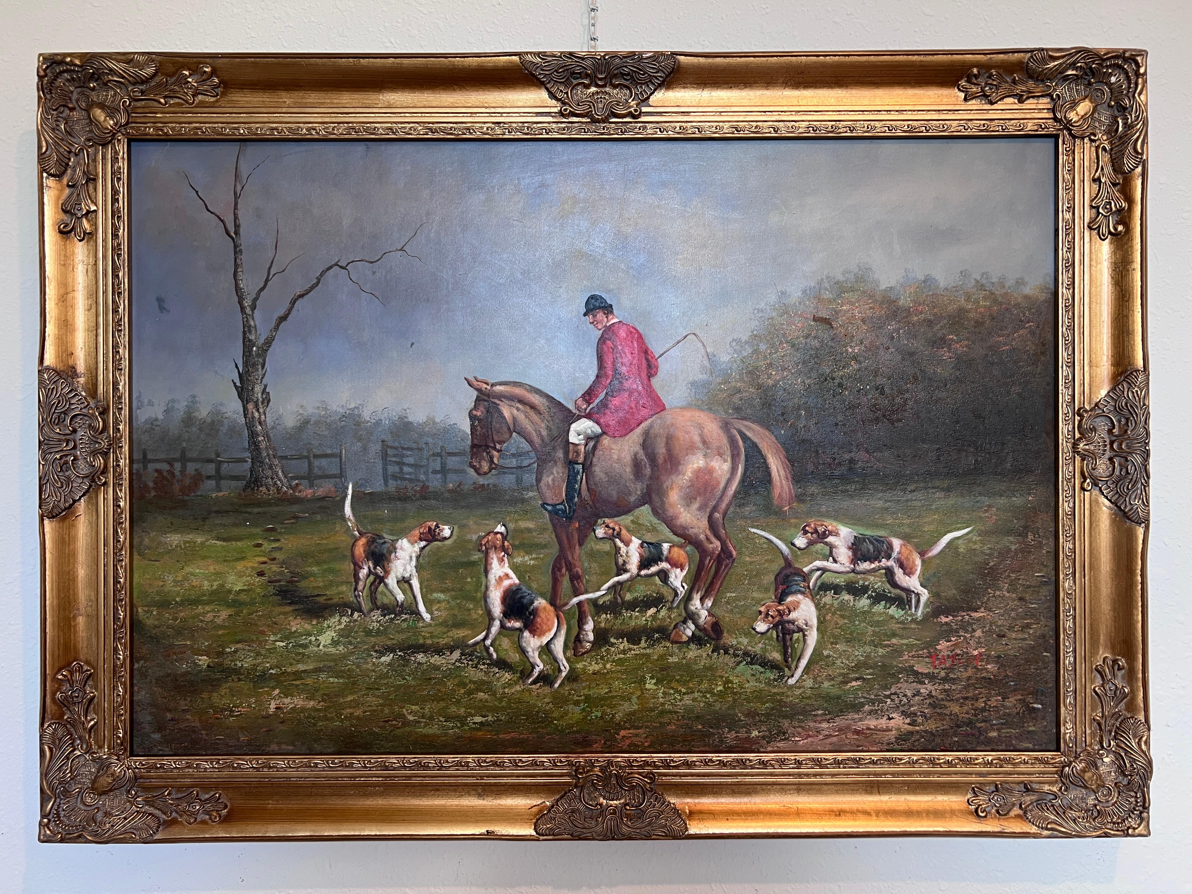 English Fox Hunting Scene Horse Hounds Oil Painting Signed Taylor Framed For Sale 1