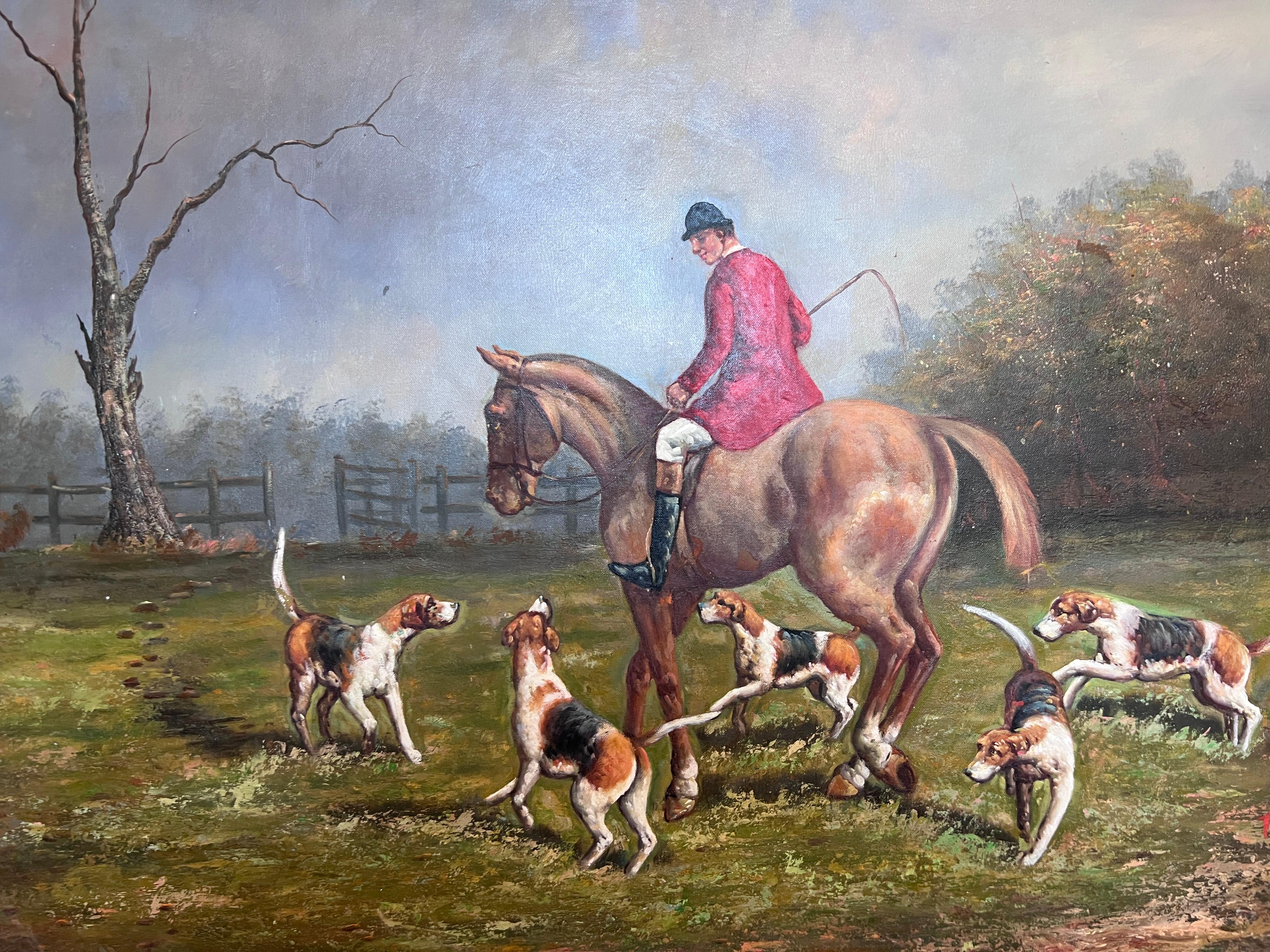 English Fox Hunting Scene Horse Hounds Oil Painting Signed Taylor Framed For Sale 2