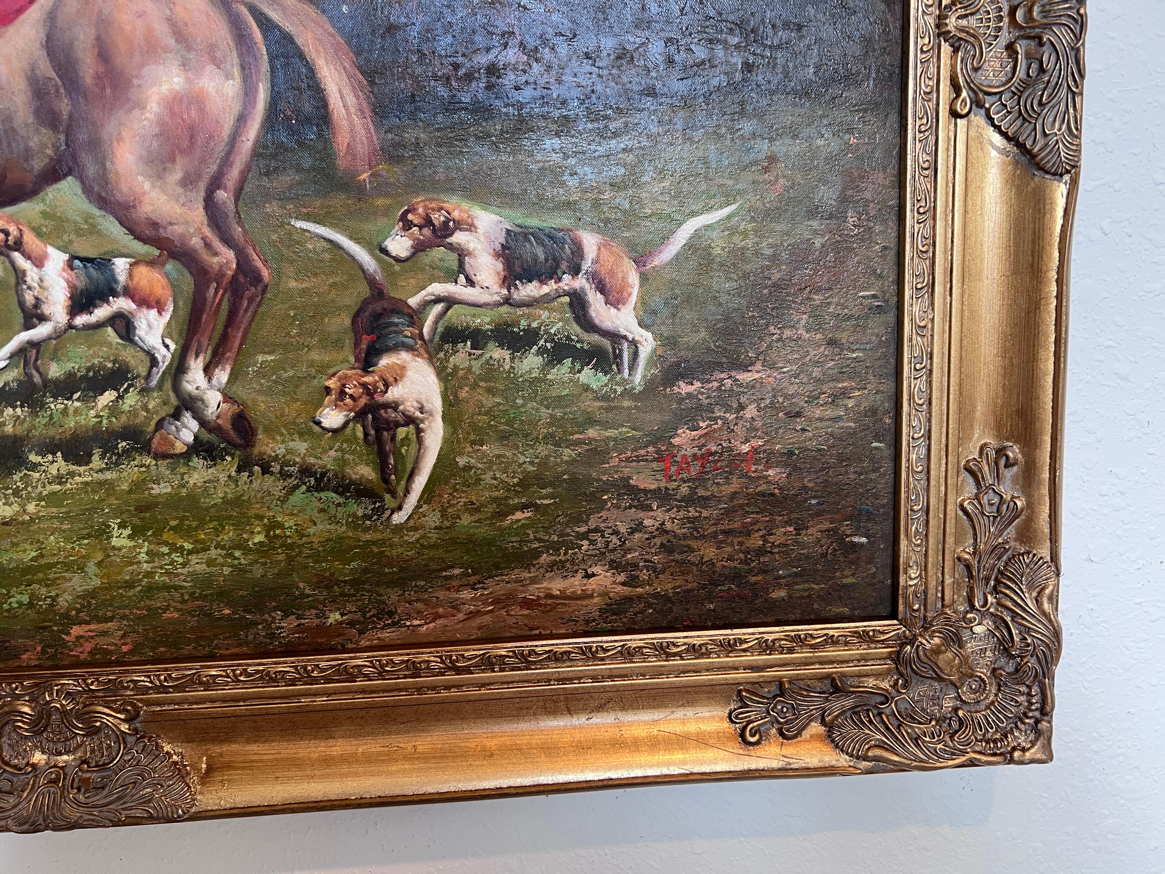 English Fox Hunting Scene Horse Hounds Oil Painting Signed Taylor Framed For Sale 6