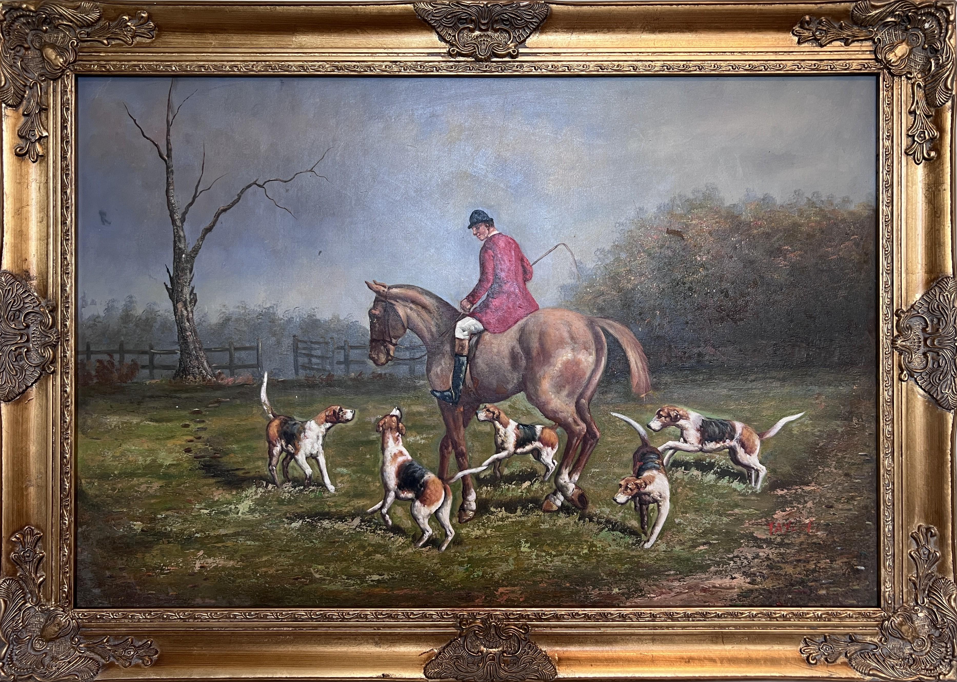 English Fox Hunting Scene Horse Hounds Oil Painting Signed Taylor Framed