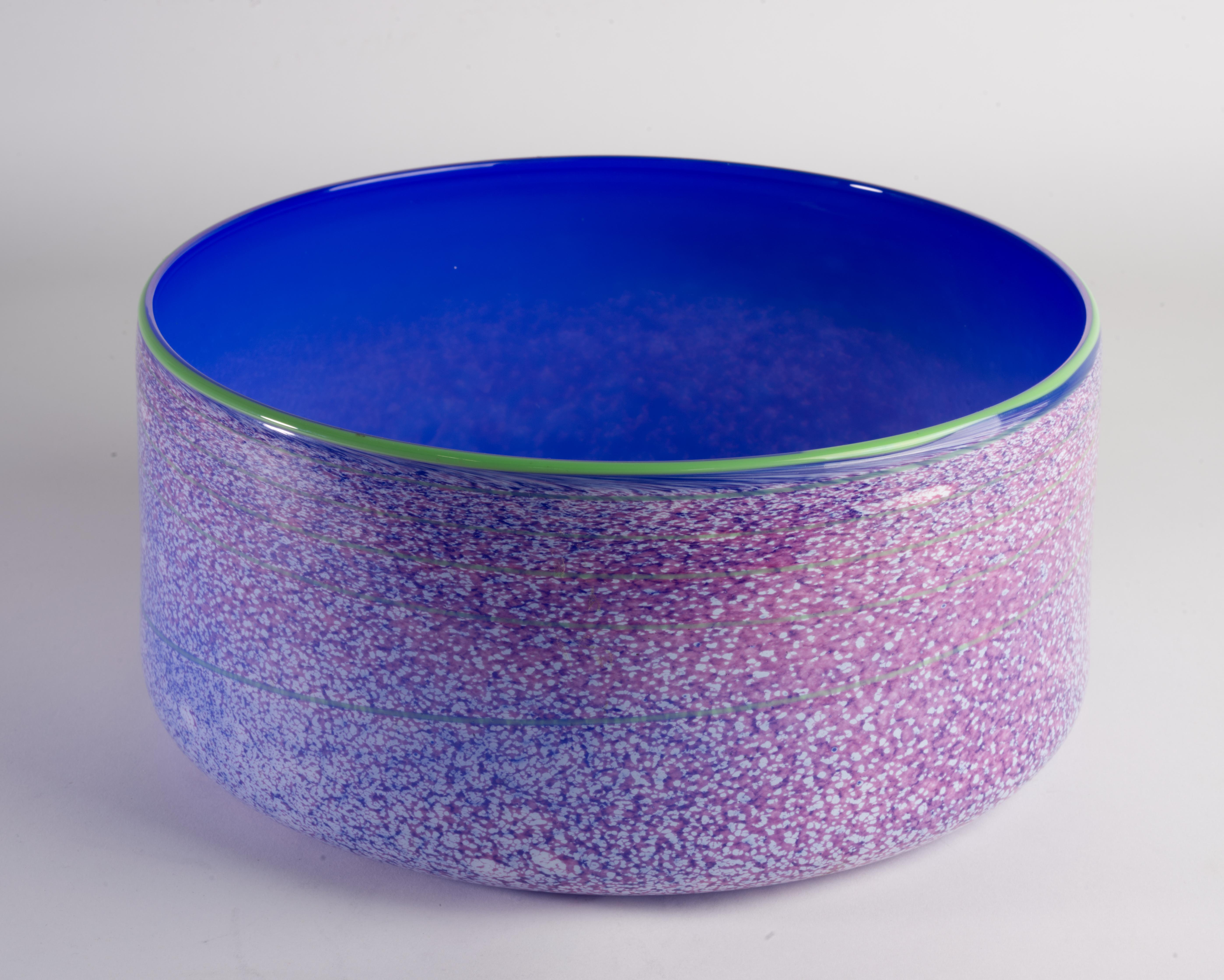 American Taylor Backes Large Art Glass Bowl, Cobalt and Speckled, Postmodern For Sale