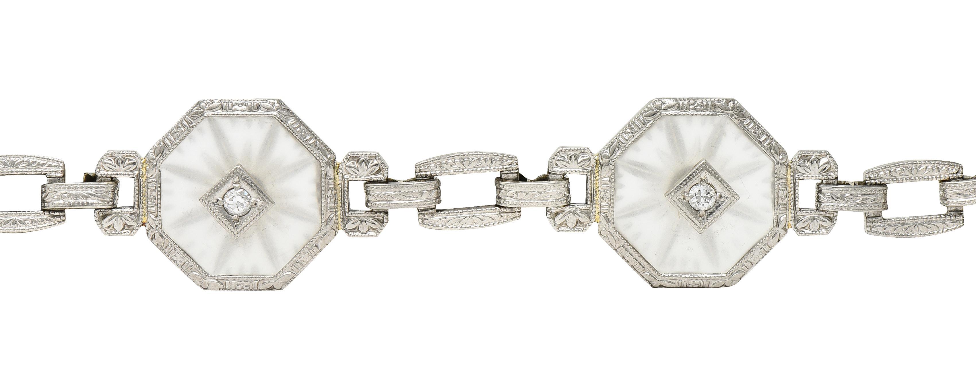 Single Cut Taylor & Co. Art Deco Diamond Camphor Glass 18 Karat White Gold Link Bracelet