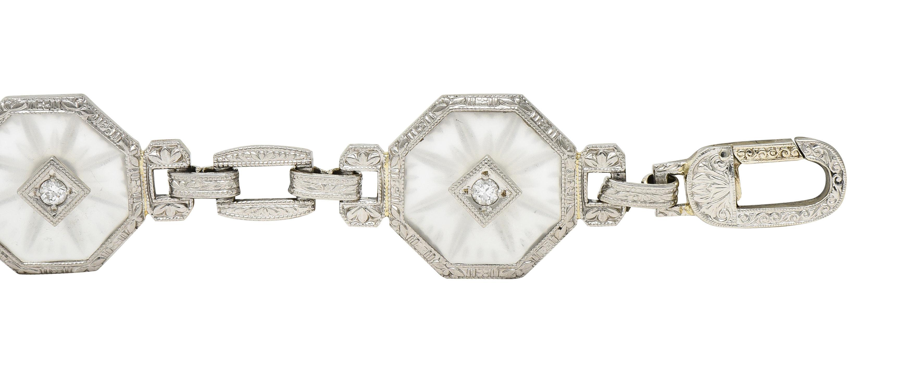 Taylor & Co. Art Deco Diamond Camphor Glass 18 Karat White Gold Link Bracelet In Excellent Condition In Philadelphia, PA