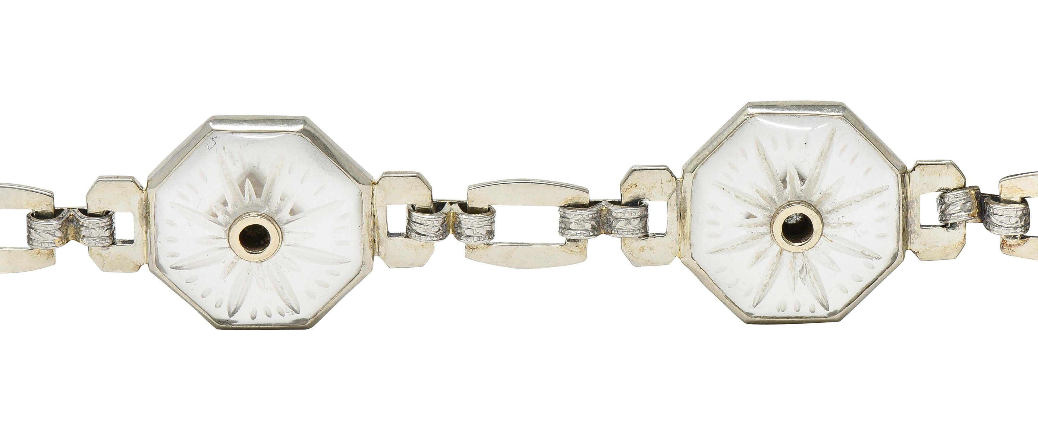 Taylor & Co. Art Deco Diamond Camphor Glass 18 Karat White Gold Link Bracelet 2