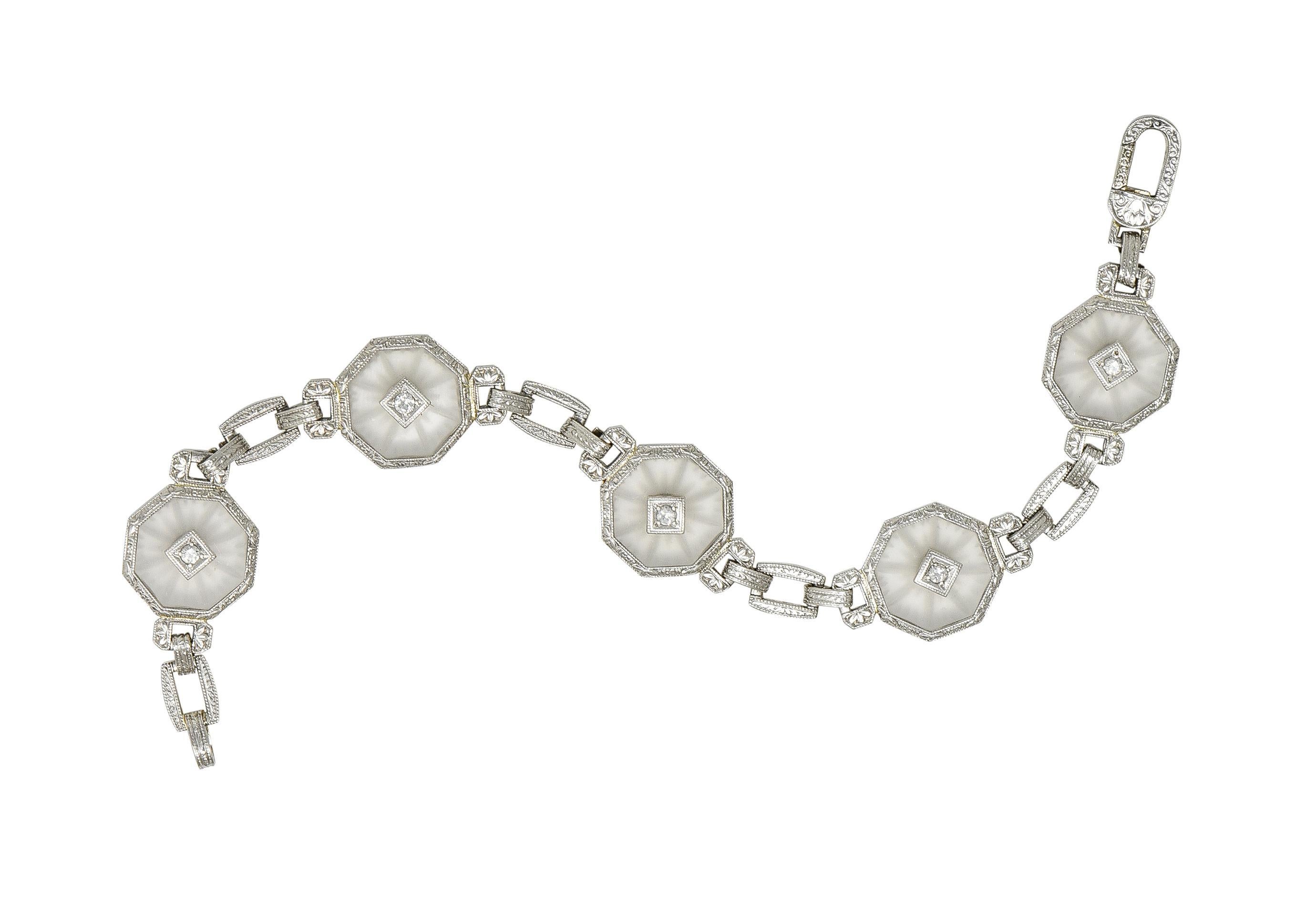 Taylor & Co. Art Deco Diamond Camphor Glass 18 Karat White Gold Link Bracelet 3