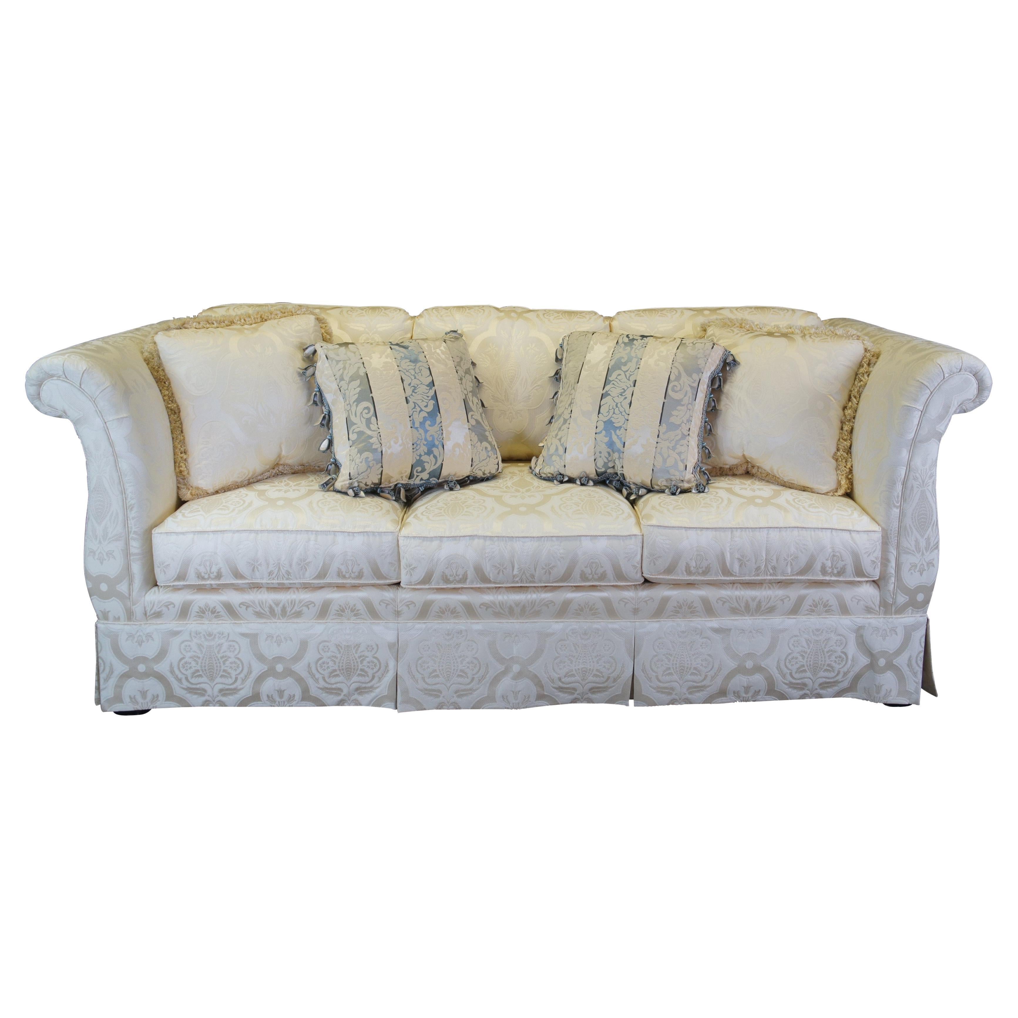 Taylor King French Damask Silk Down Filled 3 Seat Rolled High Arm Sofa Couch 91" For Sale