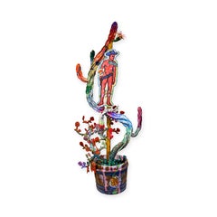 "Sunset Cowboy Cactus" Neon Pink, Blue and Green Mixed Media Botanical Sculpture
