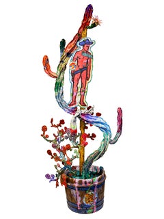 "Sunset Cowboy Cactus" Neon Pink, Blue and Green Mixed Media Botanical Sculpture