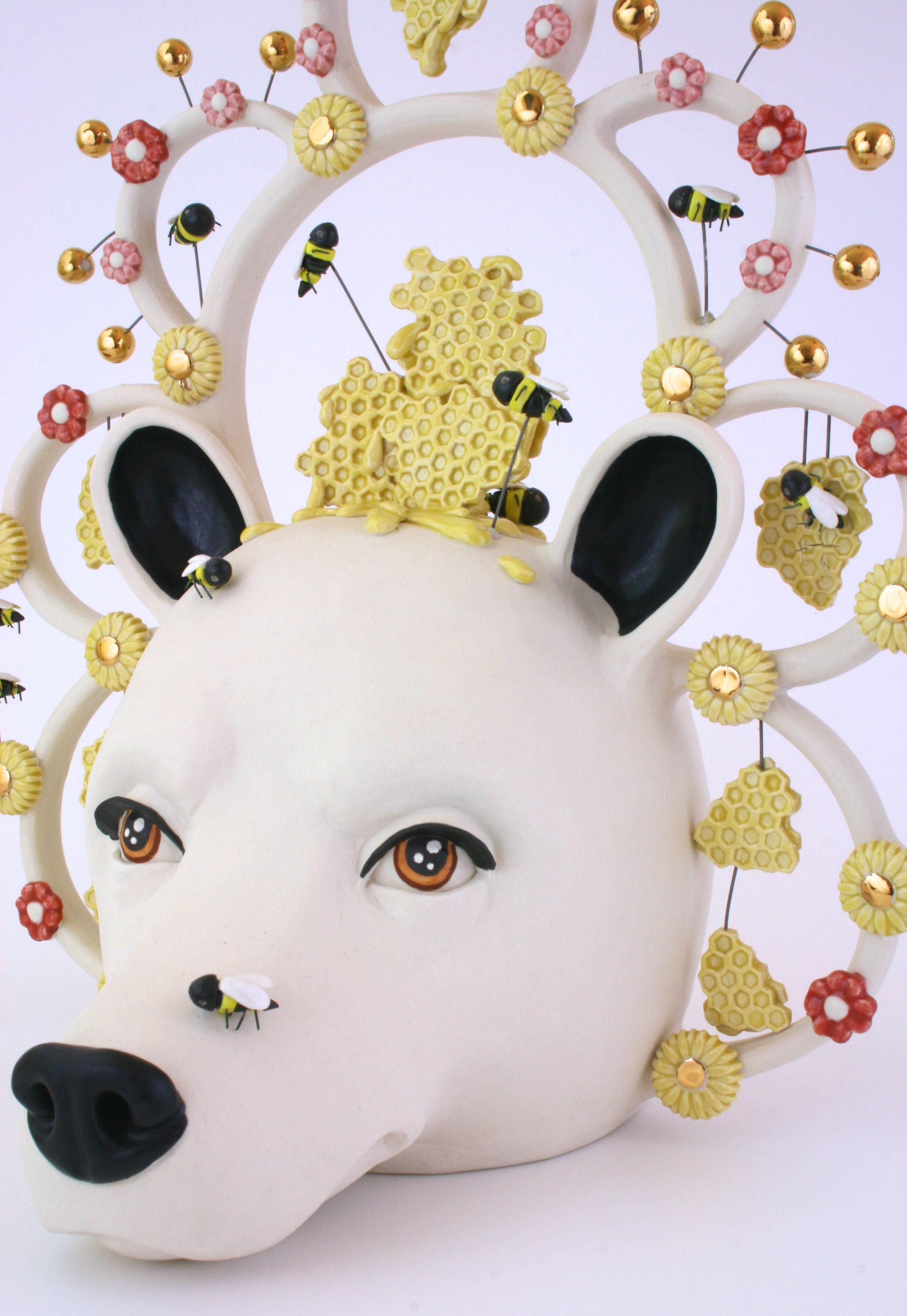BEES AND A BEAR - porcelain ceramic sculpture with bear, bees and flowers - Sculpture by Taylor Robenalt