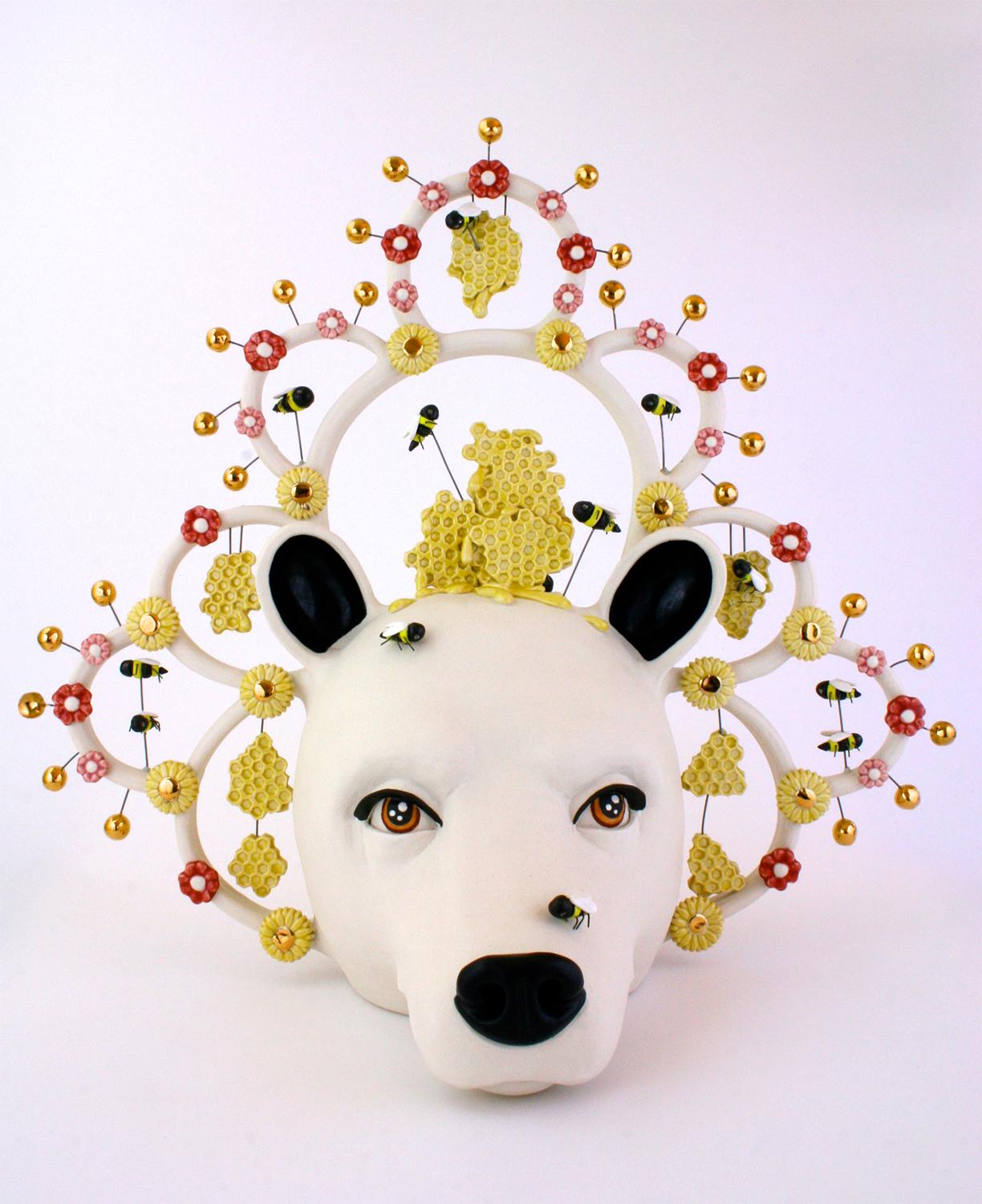 Taylor Robenalt Figurative Sculpture - BEES AND A BEAR - porcelain ceramic sculpture with bear, bees and flowers