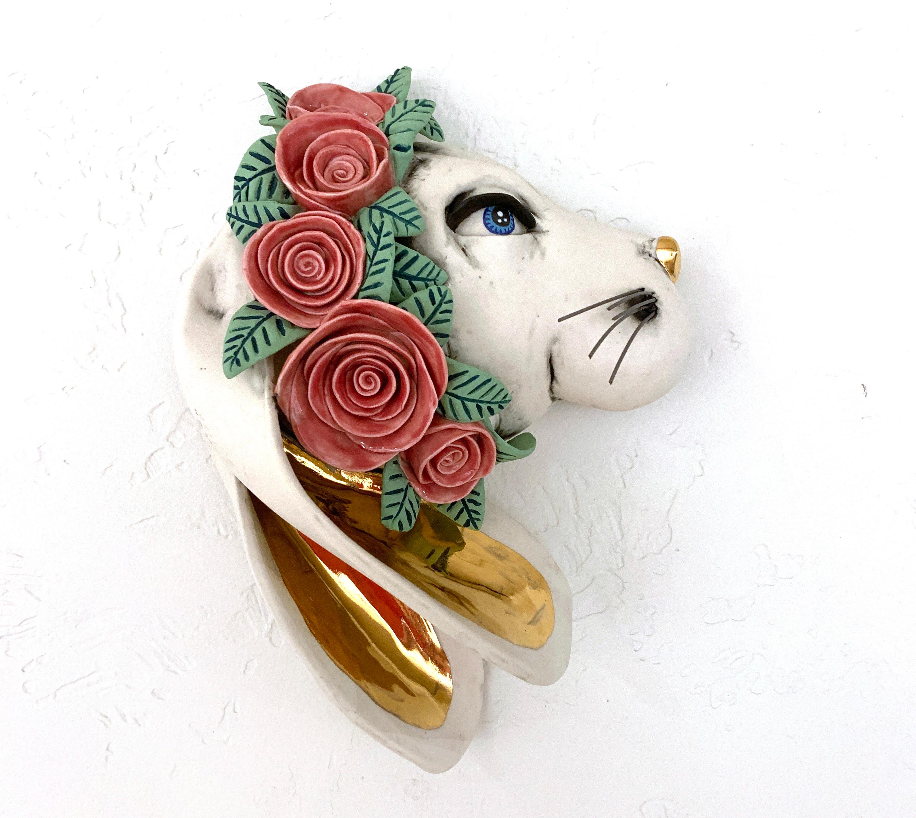 Taylor Robenalt Figurative Sculpture - Bunny With Crown of Flowers