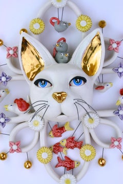 CAT ATTACK - porcelain ceramic sculpture with cat, birds, mice, fish and flowers