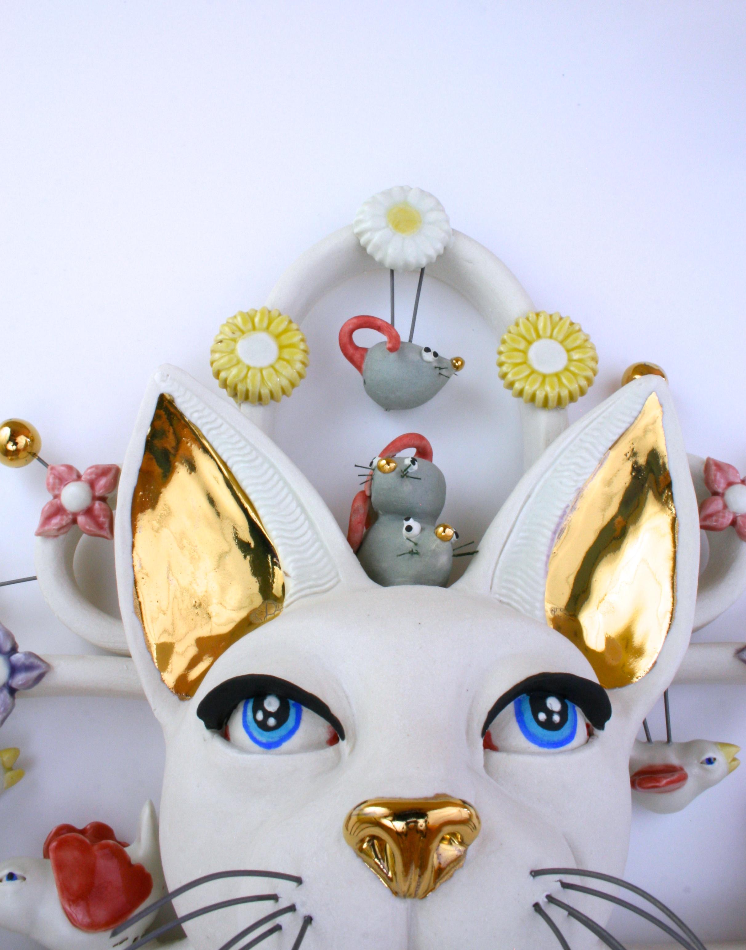 CAT ATTACK - porcelain ceramic sculpture with cat, birds, mice, fish and flowers - Pop Art Sculpture by Taylor Robenalt